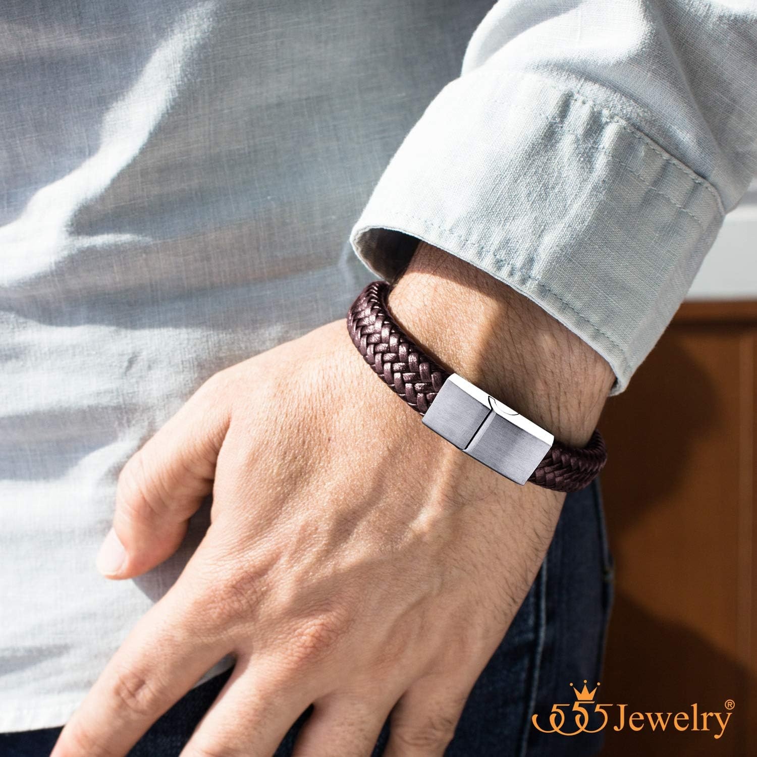 image:image555Jewelry Stainless Steel Magnetic Clasp Braided Brown amp Black Leather Bracelet for MenBrown Leather Silver Clasp
