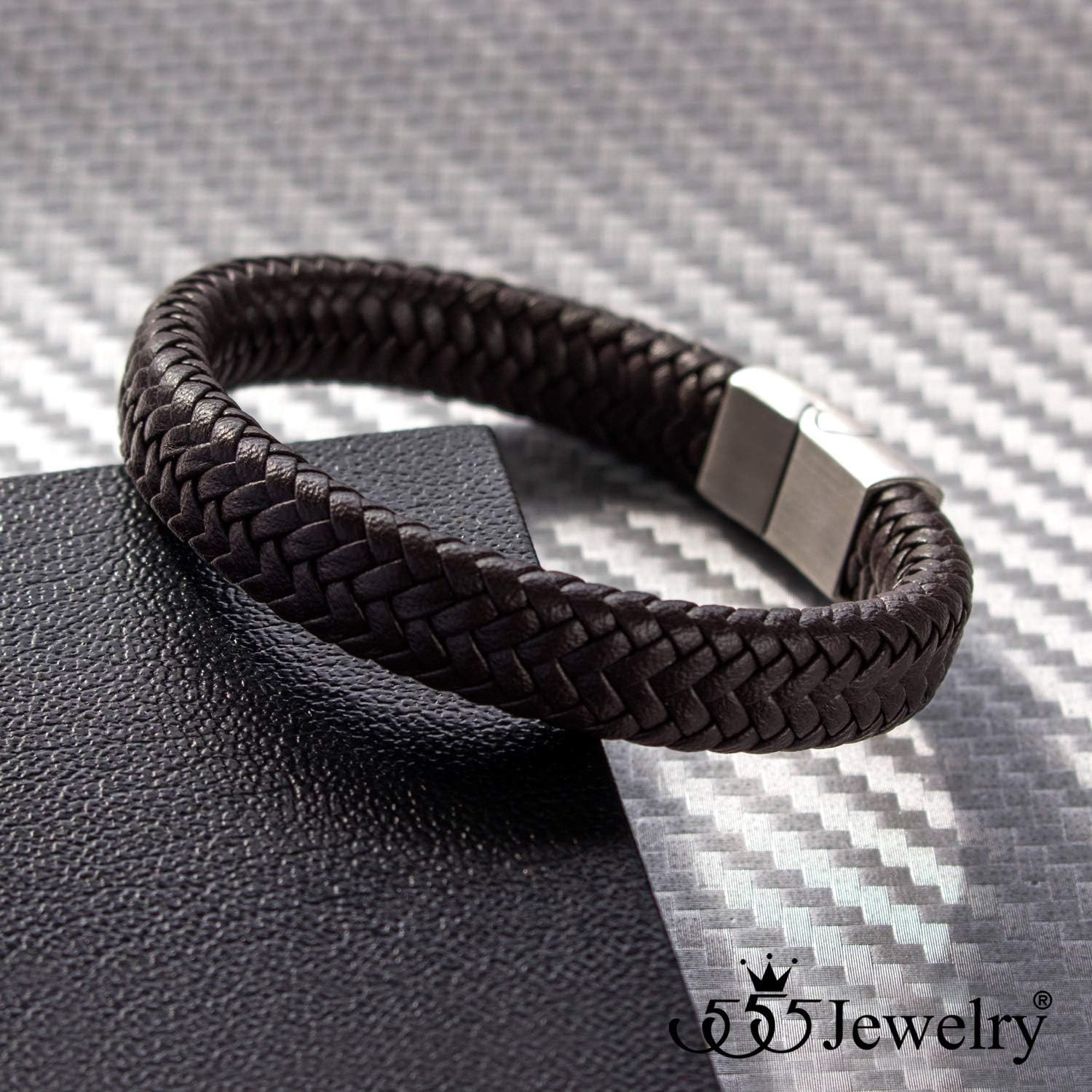 image:image555Jewelry Stainless Steel Magnetic Clasp Braided Brown amp Black Leather Bracelet for MenBrown Leather Silver Clasp