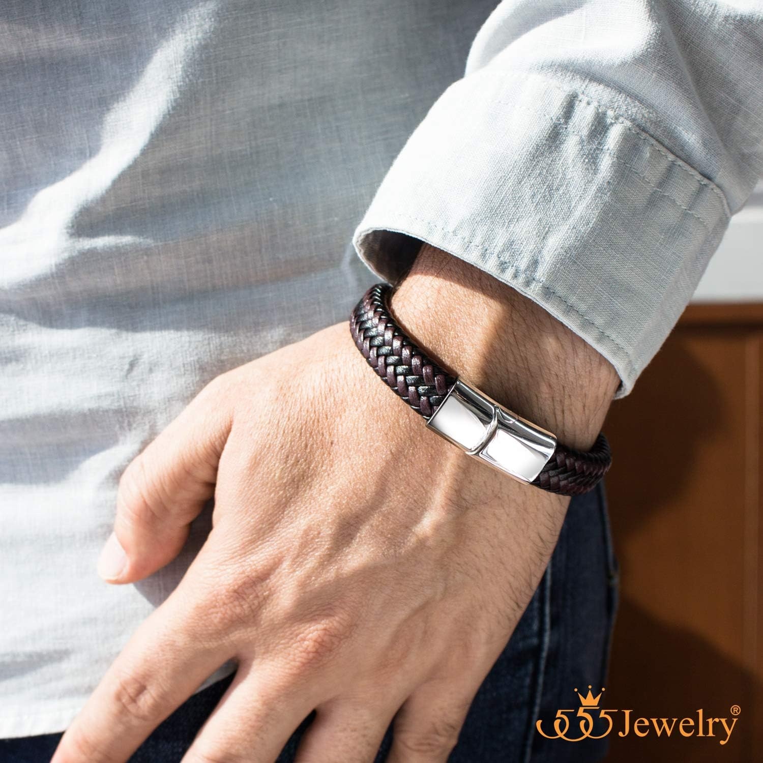 image:image555Jewelry Stainless Steel Magnetic Clasp Braided Brown amp Black Leather Bracelet for MenSilver