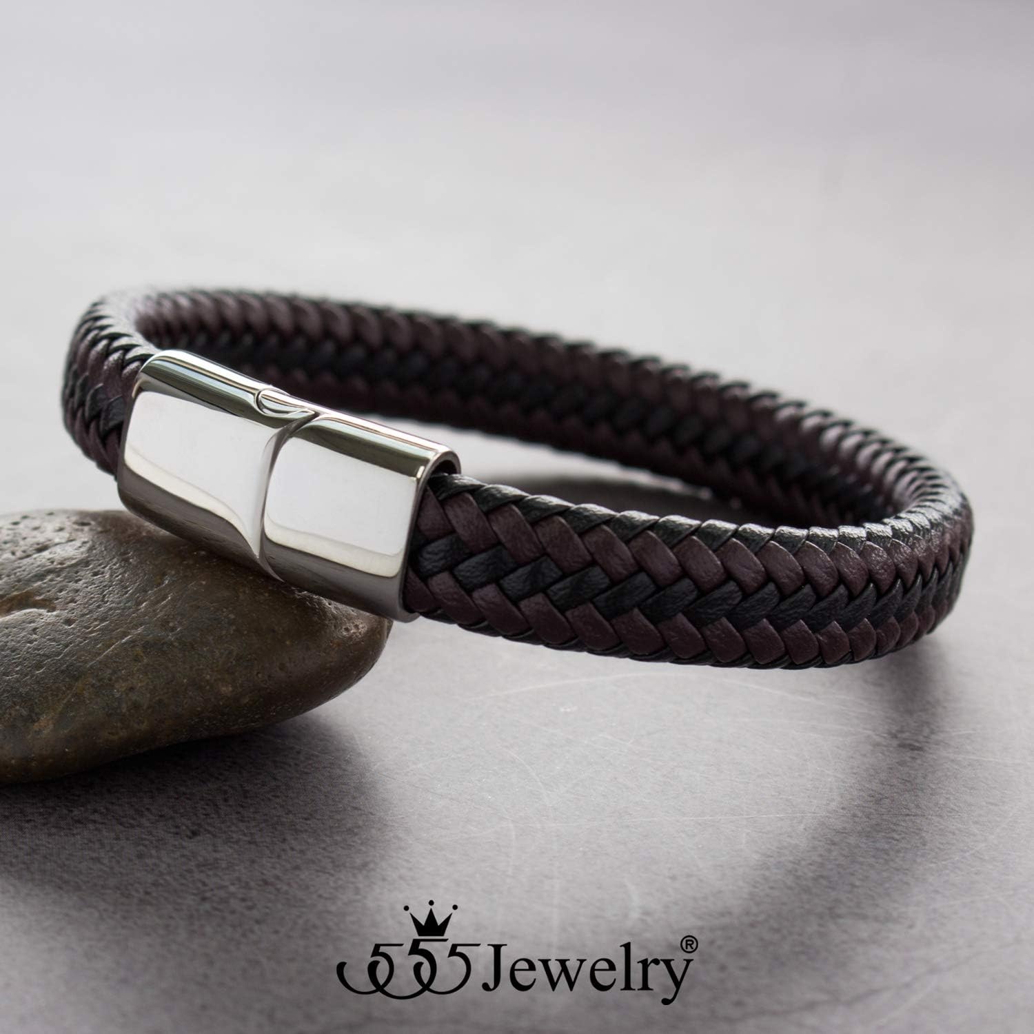 image:image555Jewelry Stainless Steel Magnetic Clasp Braided Brown amp Black Leather Bracelet for MenSilver