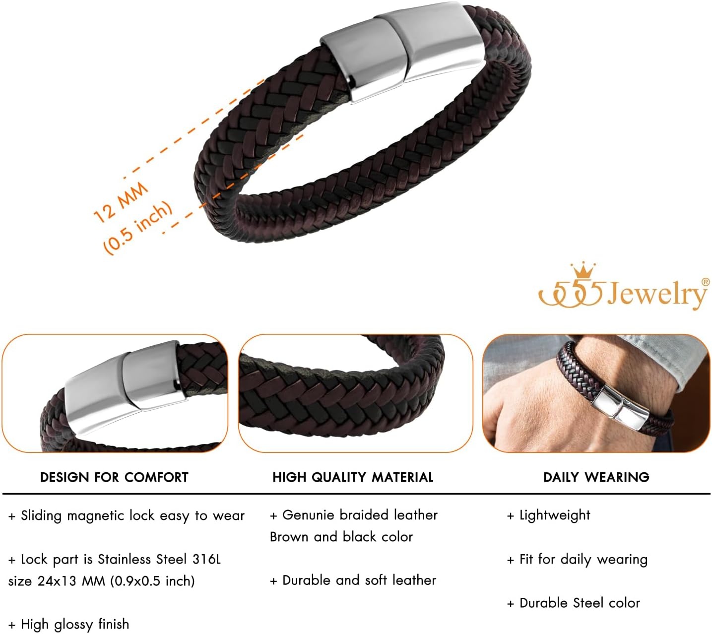 image:image555Jewelry Stainless Steel Magnetic Clasp Braided Brown amp Black Leather Bracelet for MenSilver