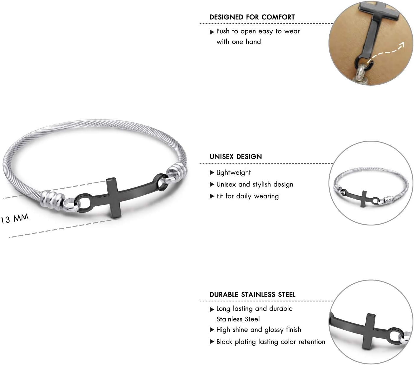 image:image555Jewelry Stainless Steel Metal Religious Cross Clasp Men Bangle Women BraceletSilver Black