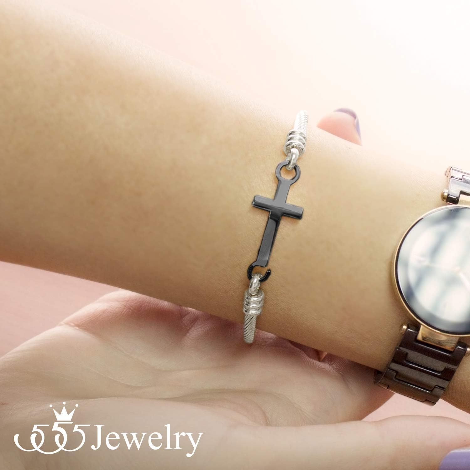 image:image555Jewelry Stainless Steel Metal Religious Cross Clasp Men Bangle Women BraceletSilver Black