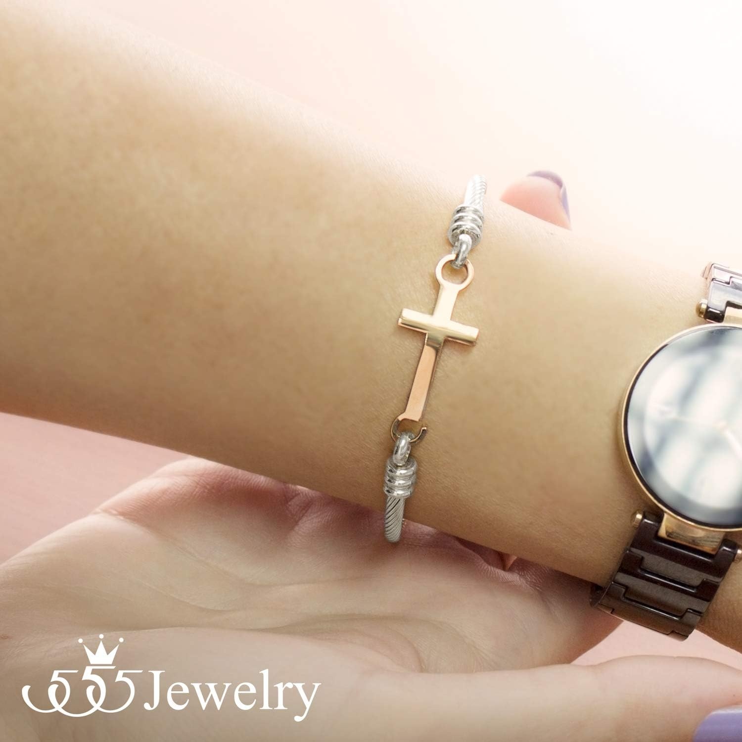 image:image555Jewelry Stainless Steel Metal Religious Cross Clasp Men Bangle Women BraceletSilver Pink Rose Gold