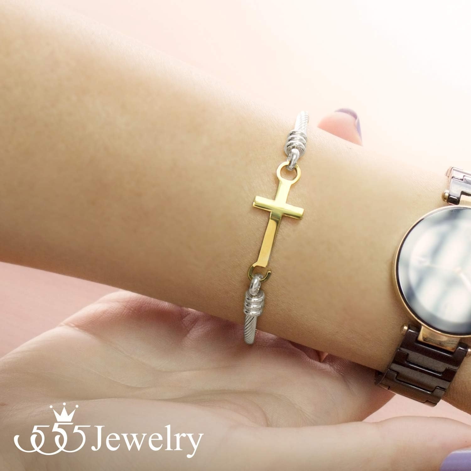 image:image555Jewelry Stainless Steel Metal Religious Cross Clasp Men Bangle Women BraceletSilver Yellow Gold