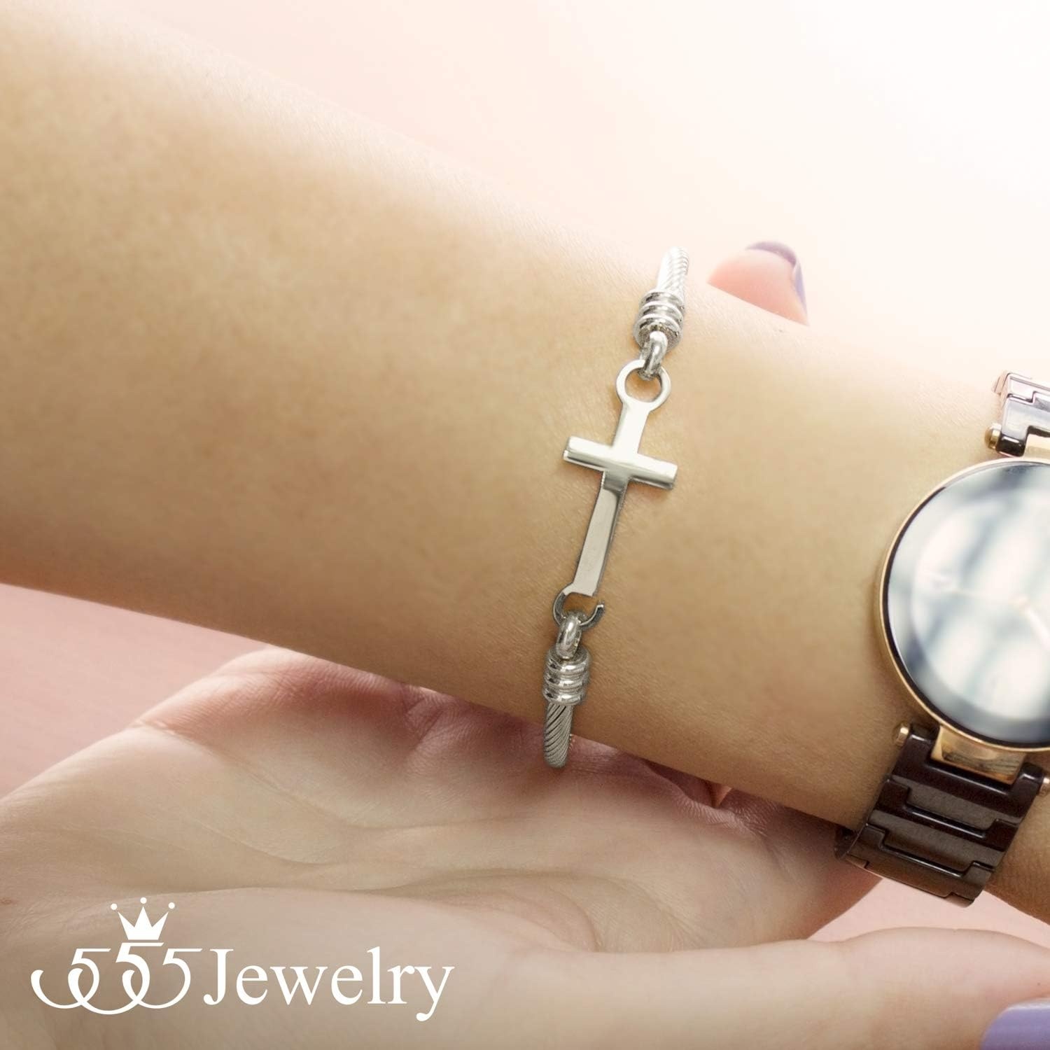 image:image555Jewelry Stainless Steel Metal Religious Cross Clasp Men Bangle Women BraceletSilver