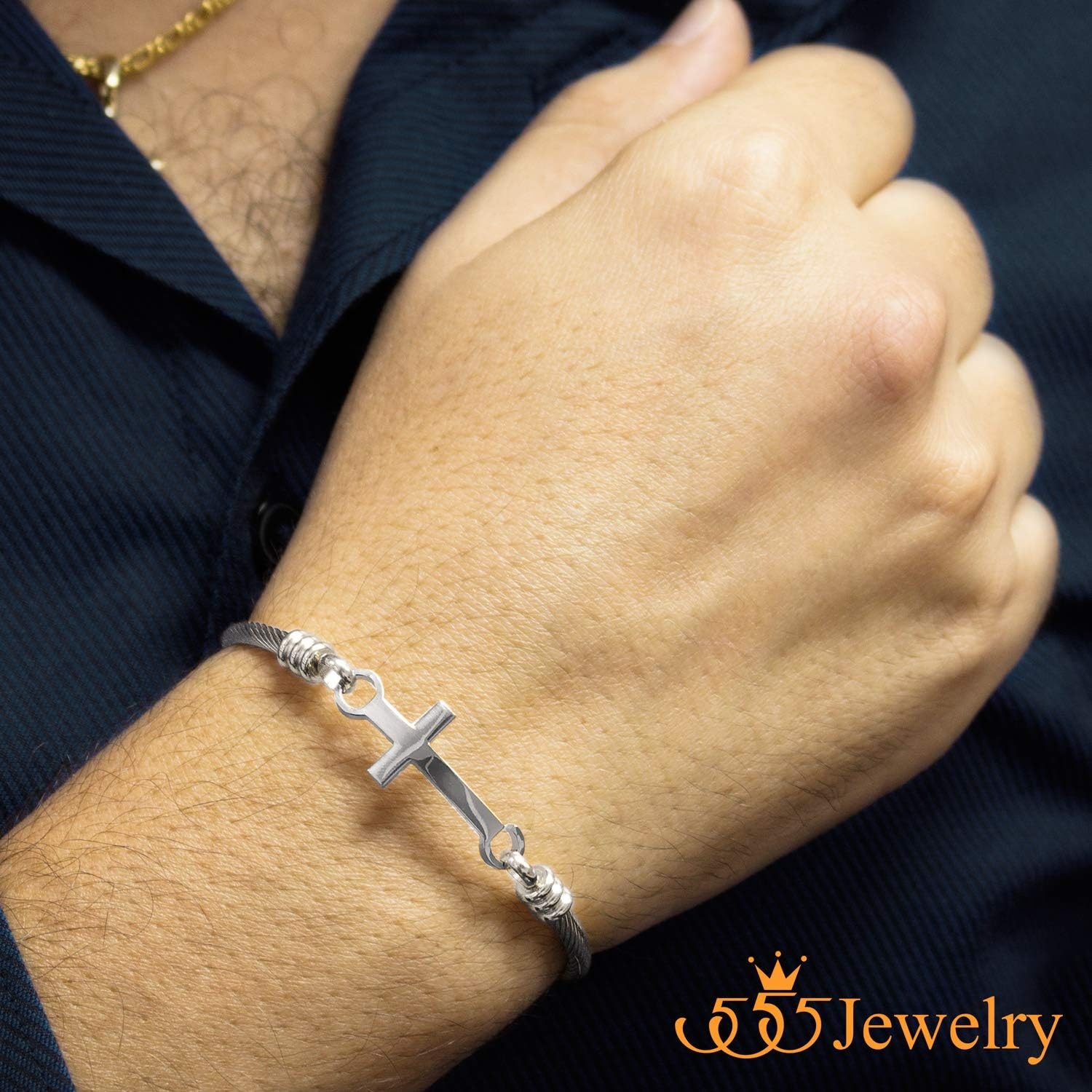 image:image555Jewelry Stainless Steel Metal Religious Cross Clasp Men Bangle Women BraceletSilver