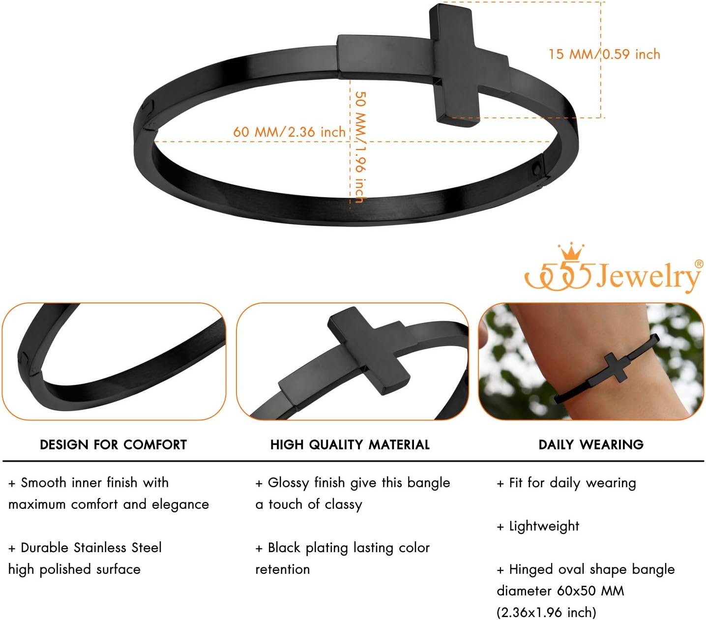 image:image555Jewelry Stainless Steel Sideways Cross Cuff Bangle Bracelet for Women Hinge Lock Hypoallergenic Cuff BangleBlack