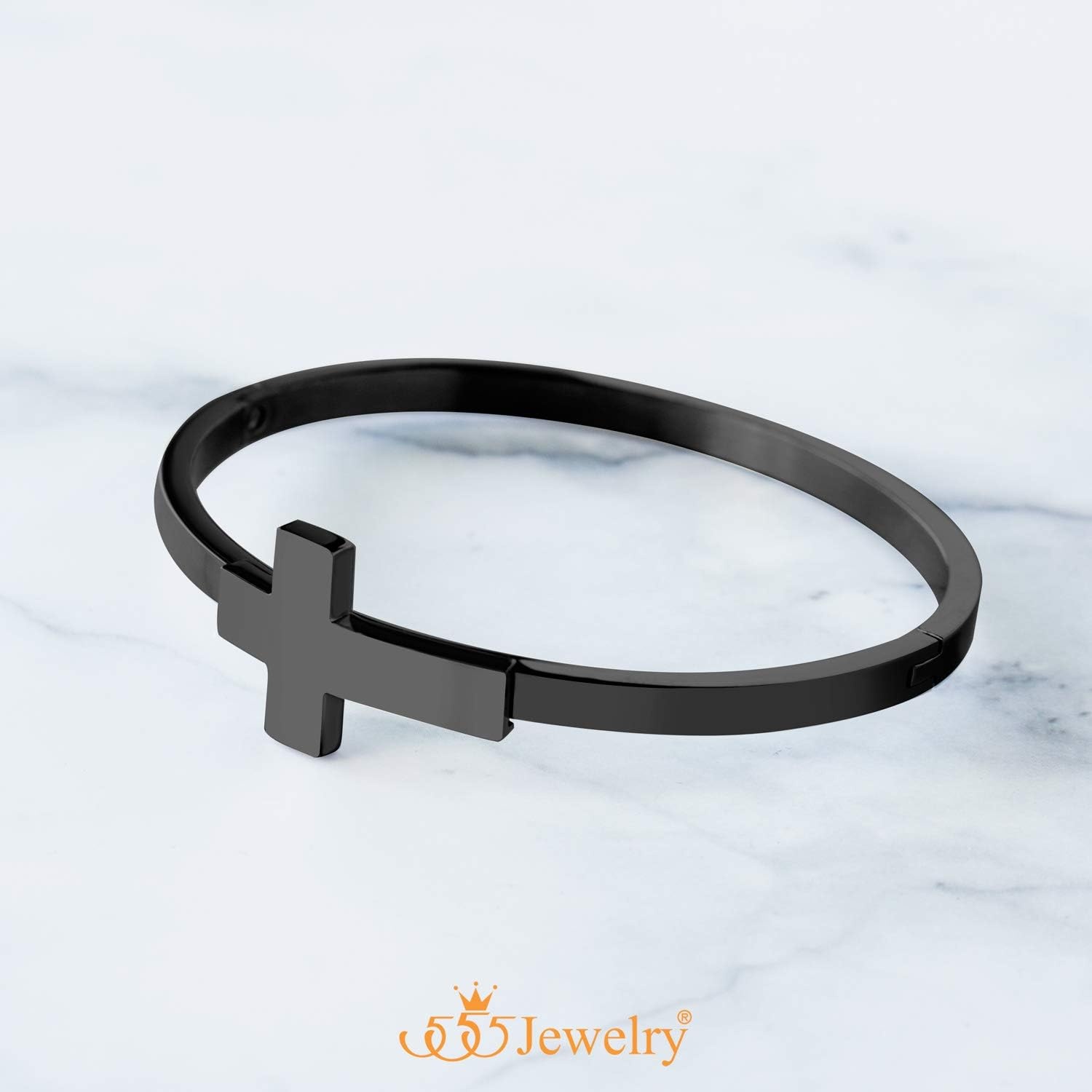 image:image555Jewelry Stainless Steel Sideways Cross Cuff Bangle Bracelet for Women Hinge Lock Hypoallergenic Cuff BangleBlack