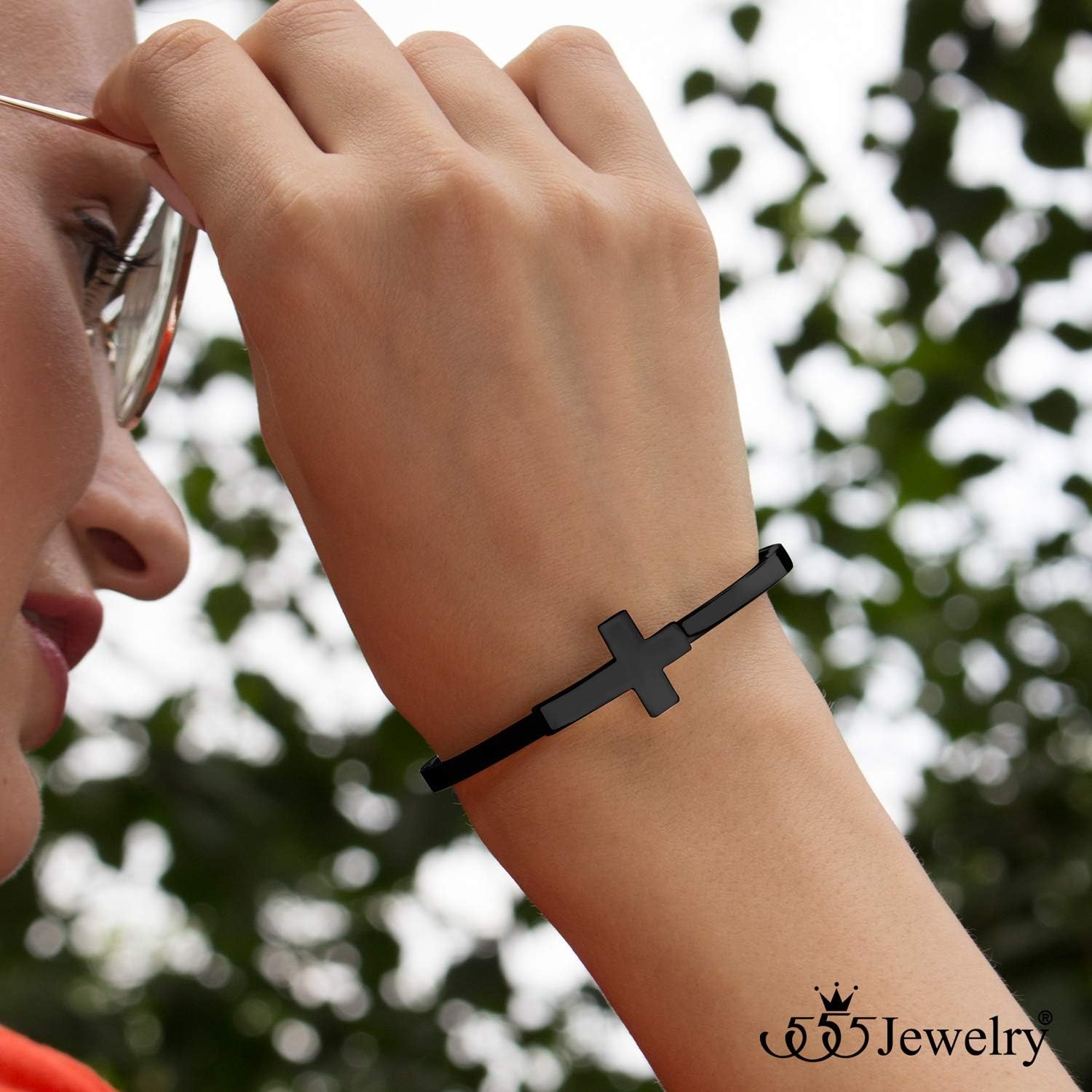 image:image555Jewelry Stainless Steel Sideways Cross Cuff Bangle Bracelet for Women Hinge Lock Hypoallergenic Cuff BangleBlack