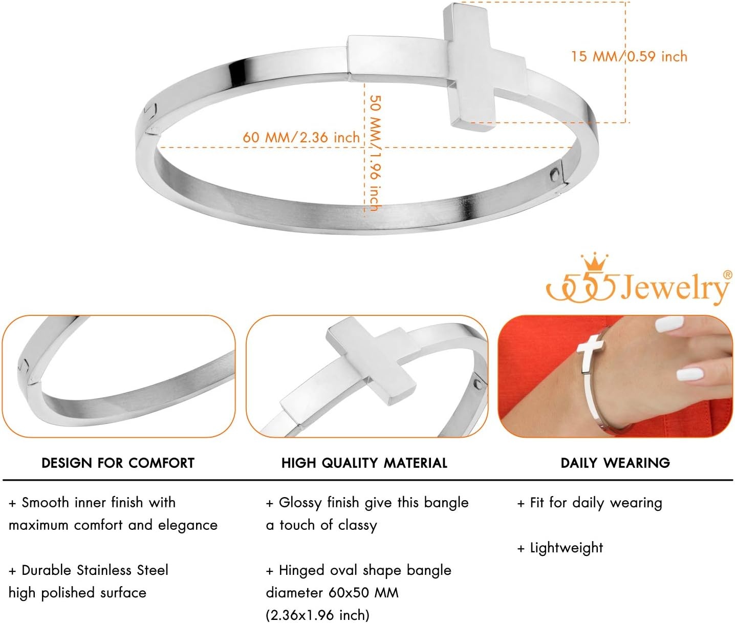 image:image555Jewelry Stainless Steel Sideways Cross Cuff Bangle Bracelet for Women Hinge Lock Hypoallergenic Cuff BangleSilver