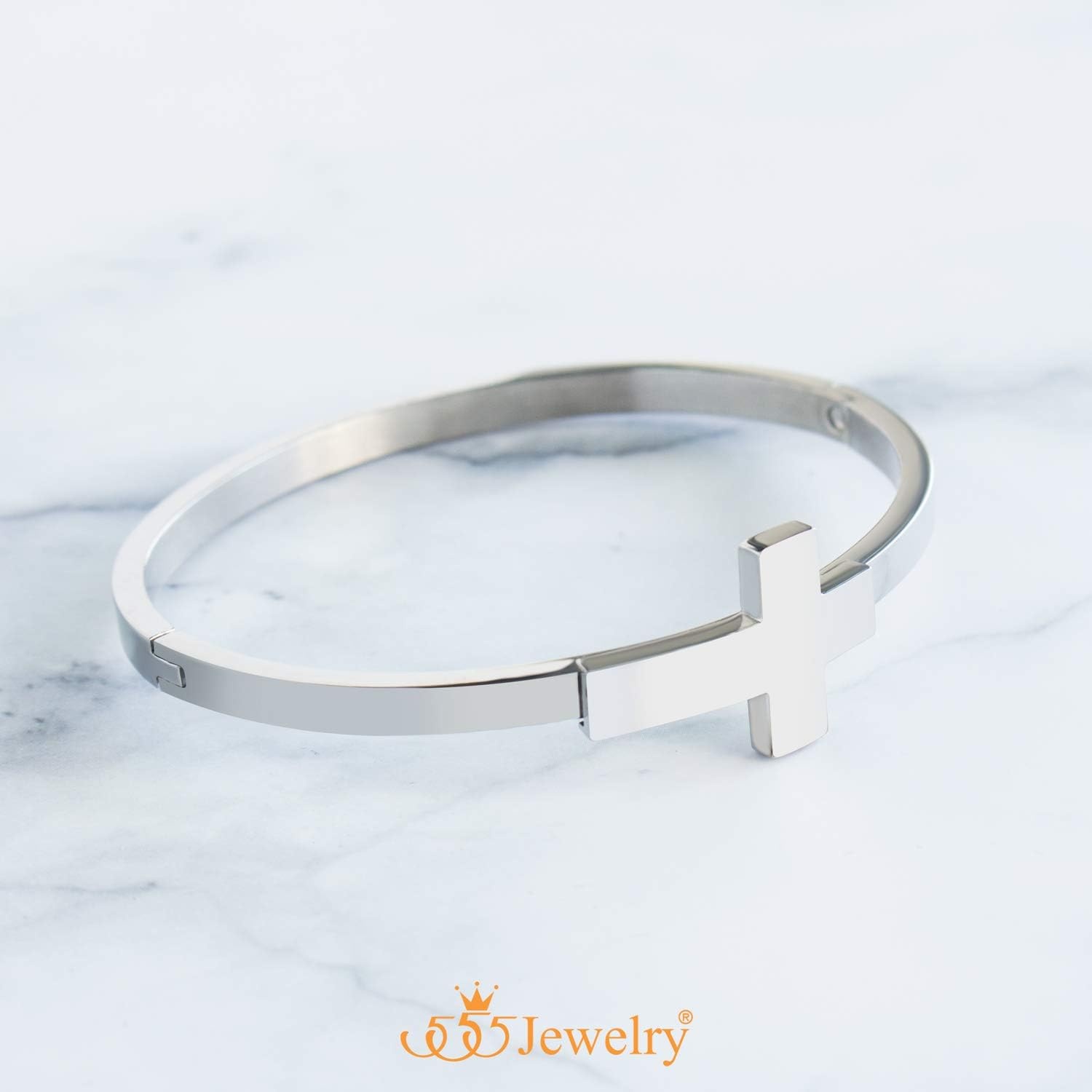 image:image555Jewelry Stainless Steel Sideways Cross Cuff Bangle Bracelet for Women Hinge Lock Hypoallergenic Cuff BangleSilver