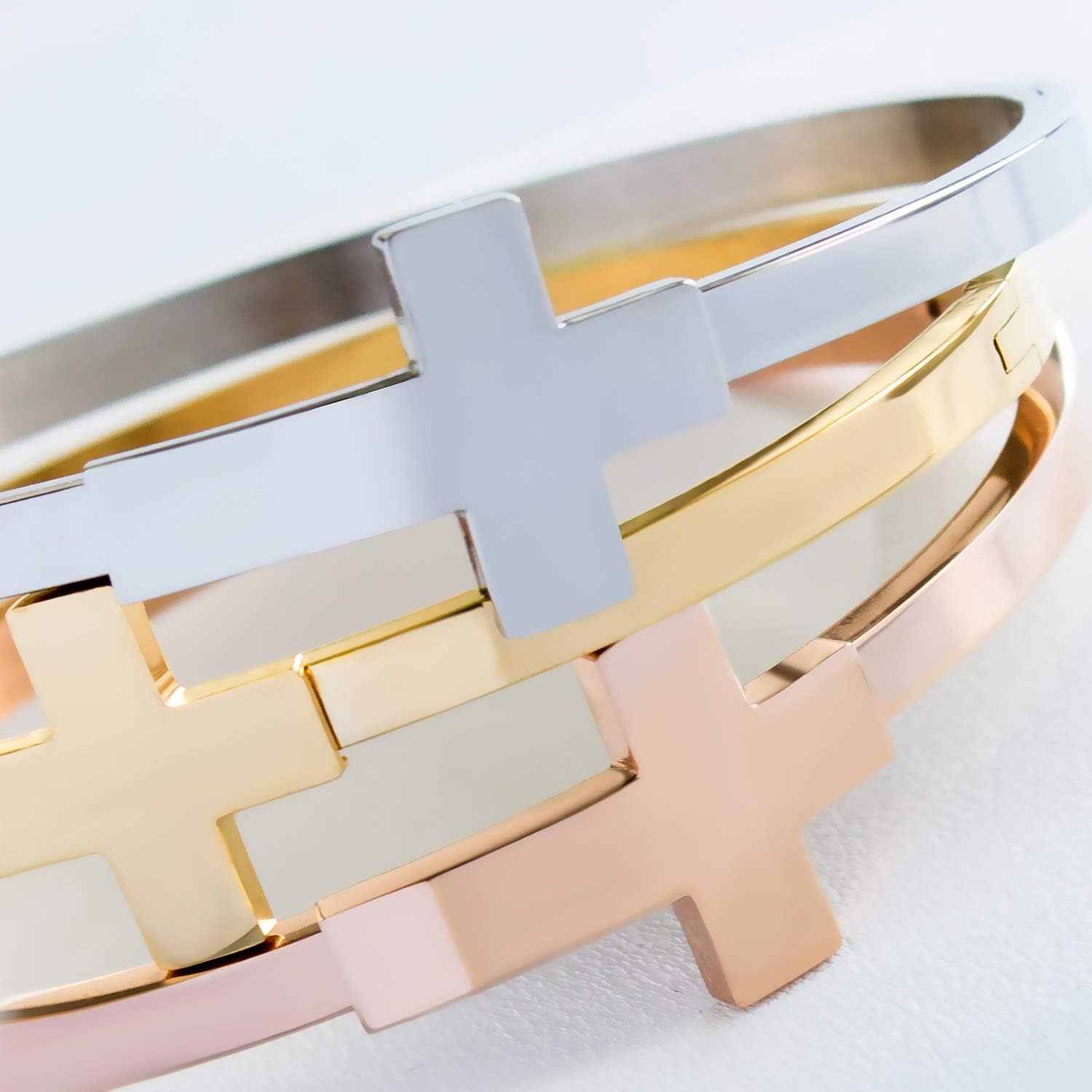 image:image555Jewelry Stainless Steel Sideways Cross Cuff Bangle Bracelet for Women Hinge Lock Hypoallergenic Cuff BangleSilver