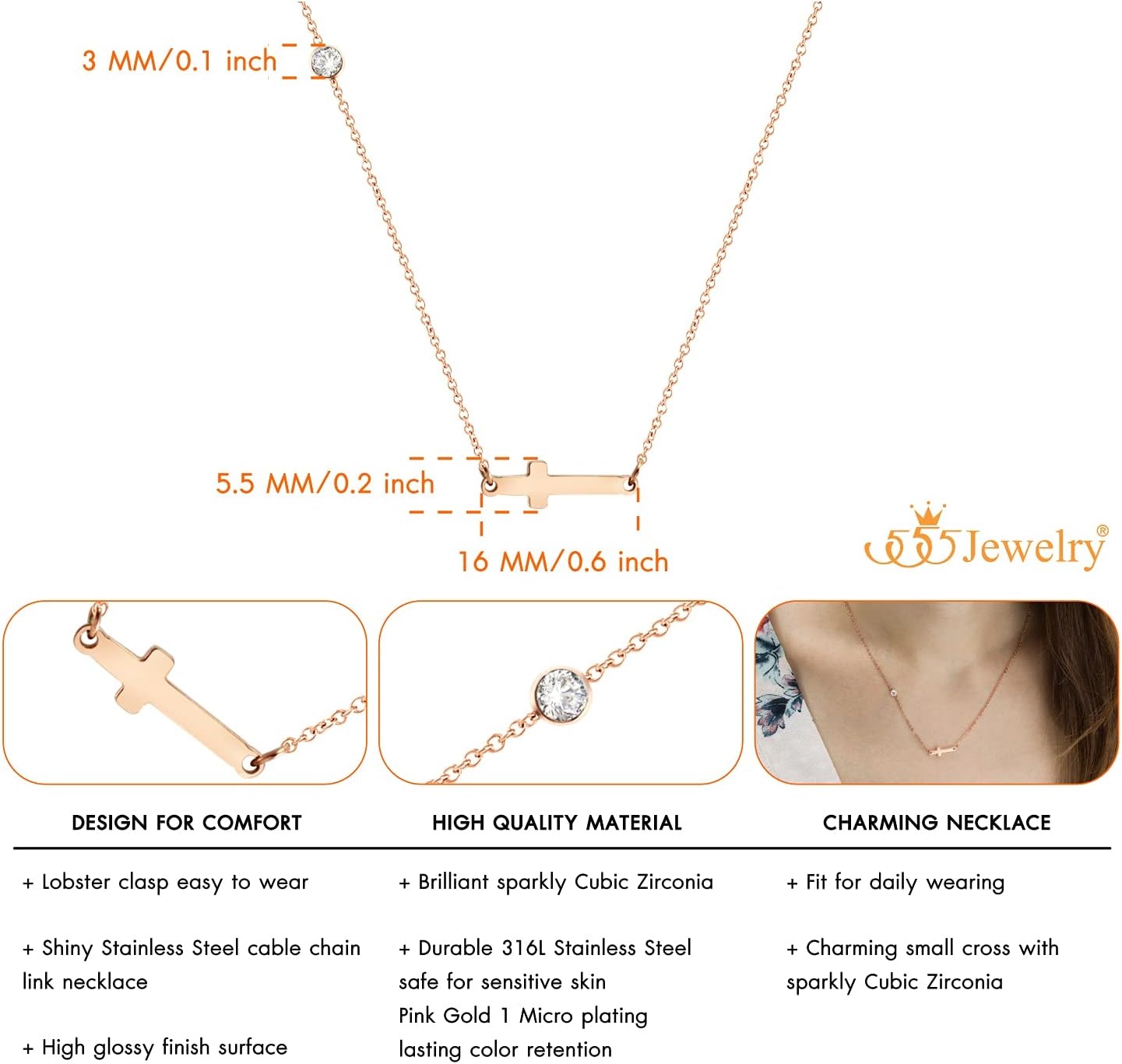 image:image555Jewelry Stainless Steel Sideways Cross Necklace for Women 1820 ChainRose Gold
