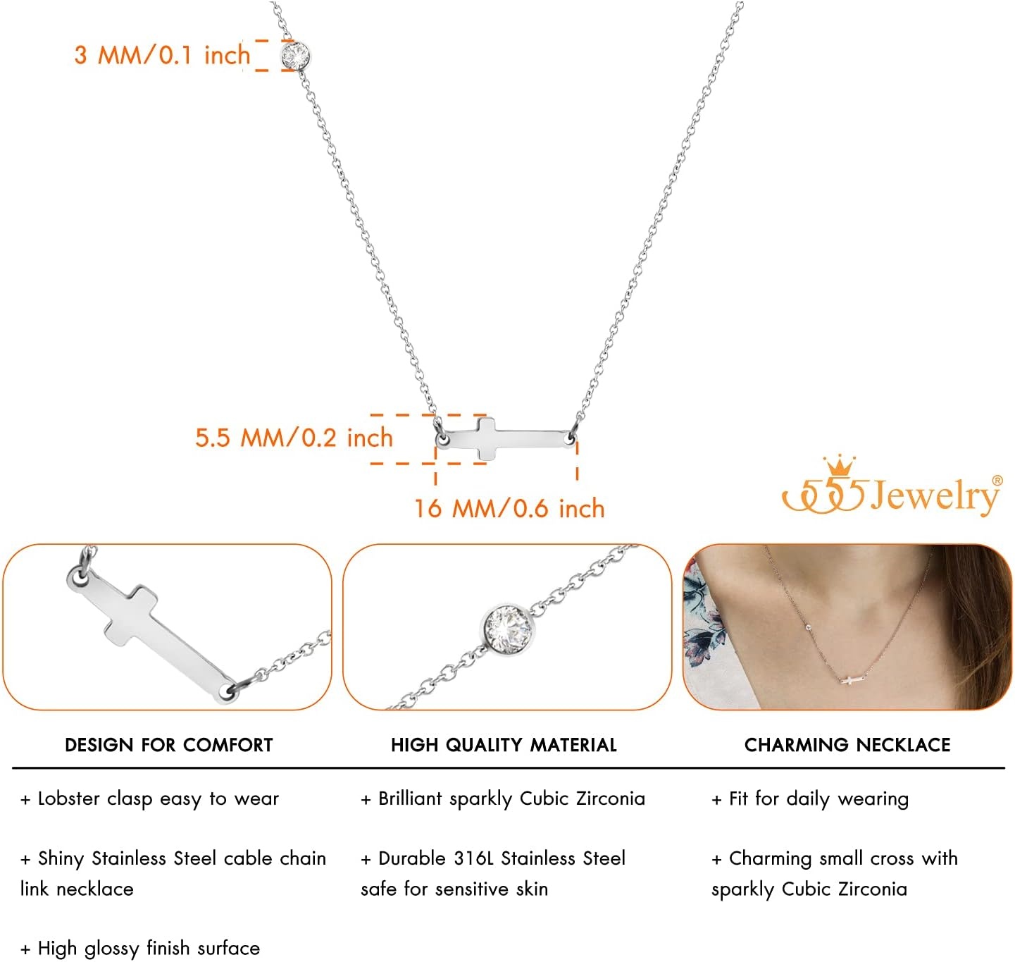image:image555Jewelry Stainless Steel Sideways Cross Necklace for Women 1820 ChainSilver