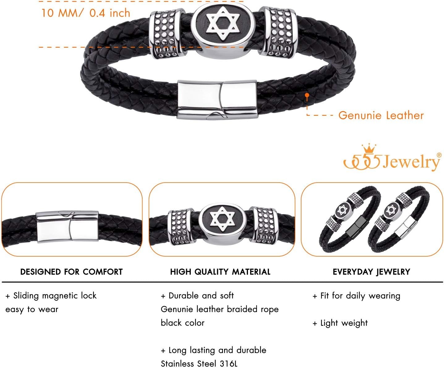 image:image555Jewelry Stainless Steel Star of David Braided Leather Hypoallergenic Bracelet for Men Size 8 amp 9 InchSilver