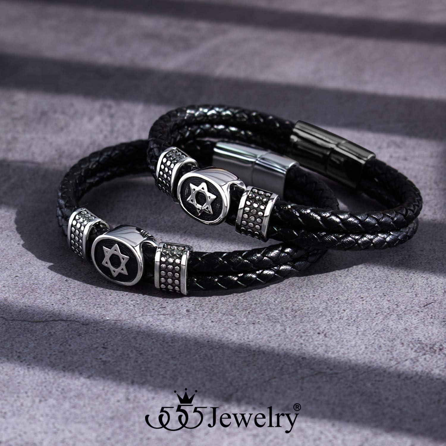 image:image555Jewelry Stainless Steel Star of David Braided Leather Hypoallergenic Bracelet for Men Size 8 amp 9 InchSilver