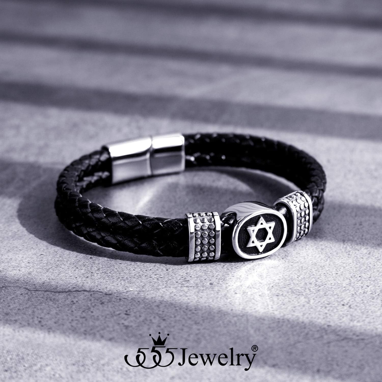 image:image555Jewelry Stainless Steel Star of David Braided Leather Hypoallergenic Bracelet for Men Size 8 amp 9 InchSilver
