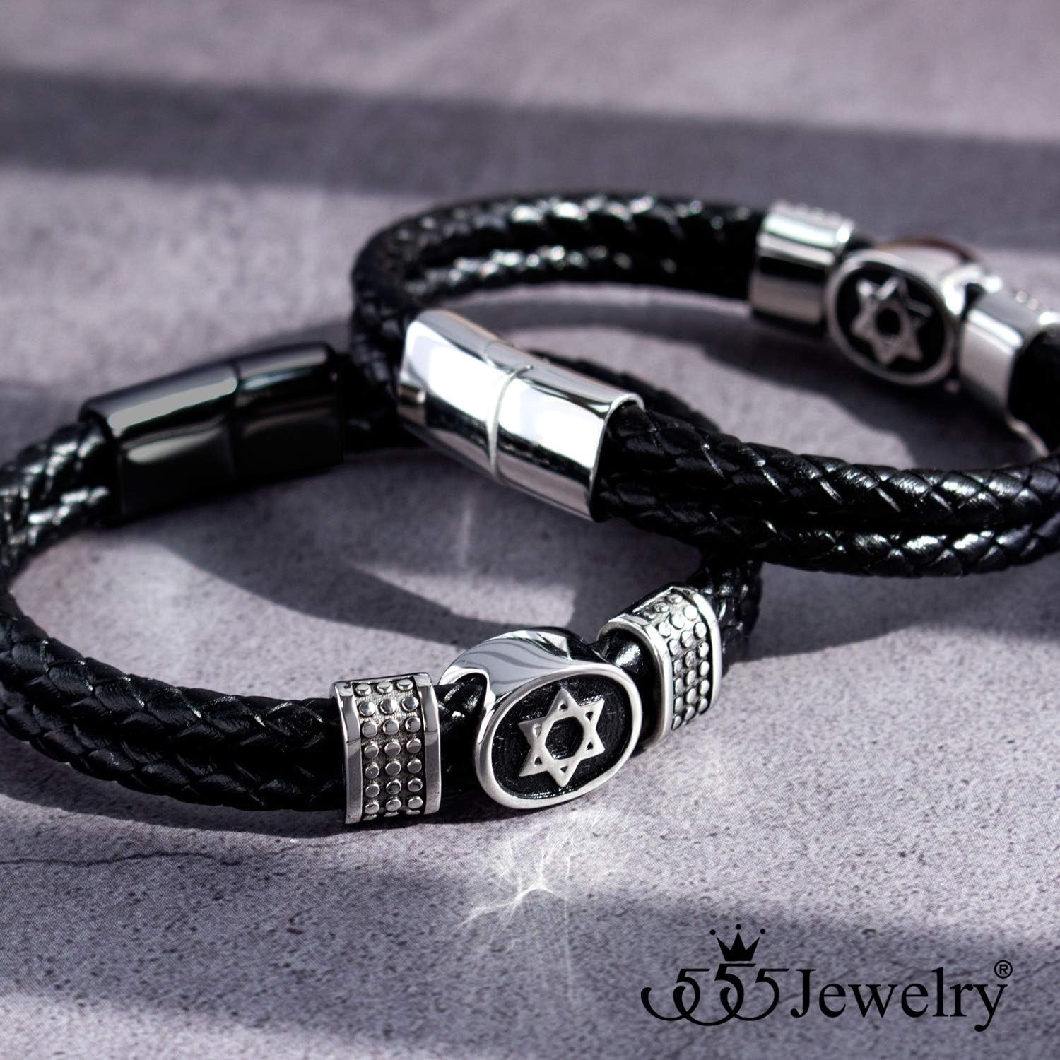 image:image555Jewelry Stainless Steel Star of David Braided Leather Hypoallergenic Bracelet for Men Size 8 amp 9 InchSilver