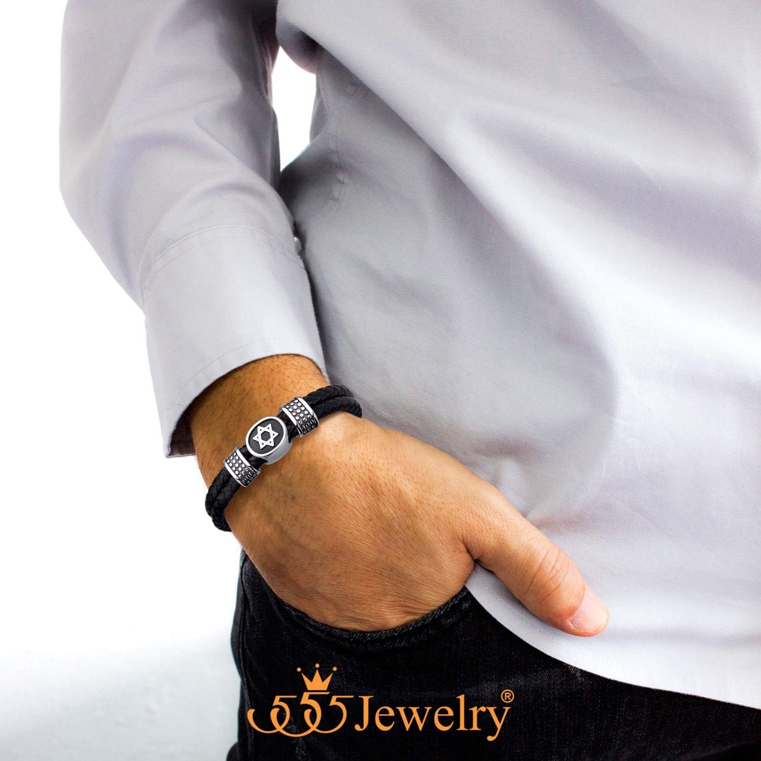 image:image555Jewelry Stainless Steel Star of David Braided Leather Hypoallergenic Bracelet for Men Size 8 amp 9 InchSilver
