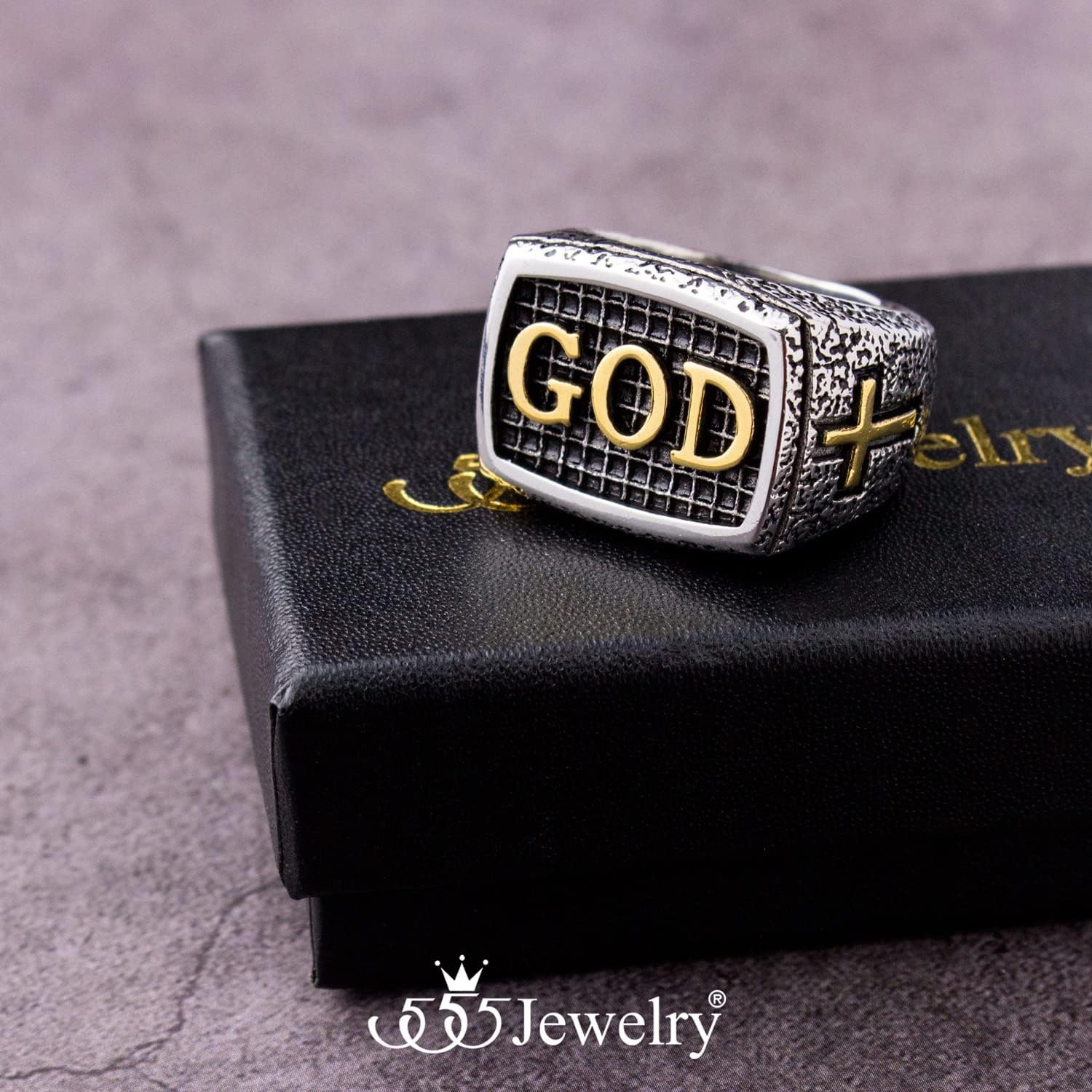 image:image555Jewelry Stainless Steel Vintage Hammered Style Cross GOD Signet Ring for MenSilver Gold