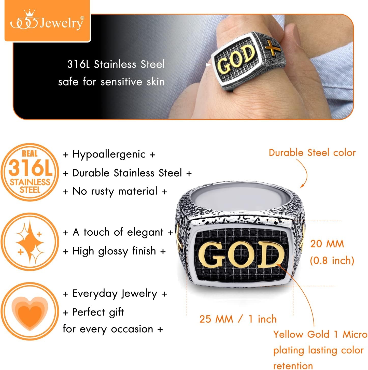 image:image555Jewelry Stainless Steel Vintage Hammered Style Cross GOD Signet Ring for MenSilver Gold