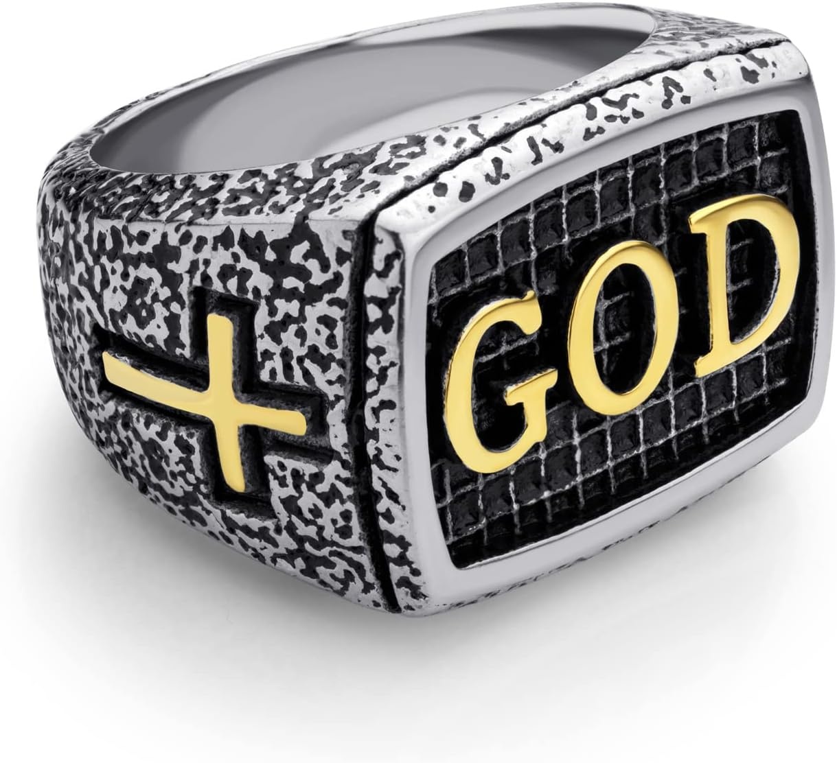 image:image555Jewelry Stainless Steel Vintage Hammered Style Cross GOD Signet Ring for MenSilver Gold
