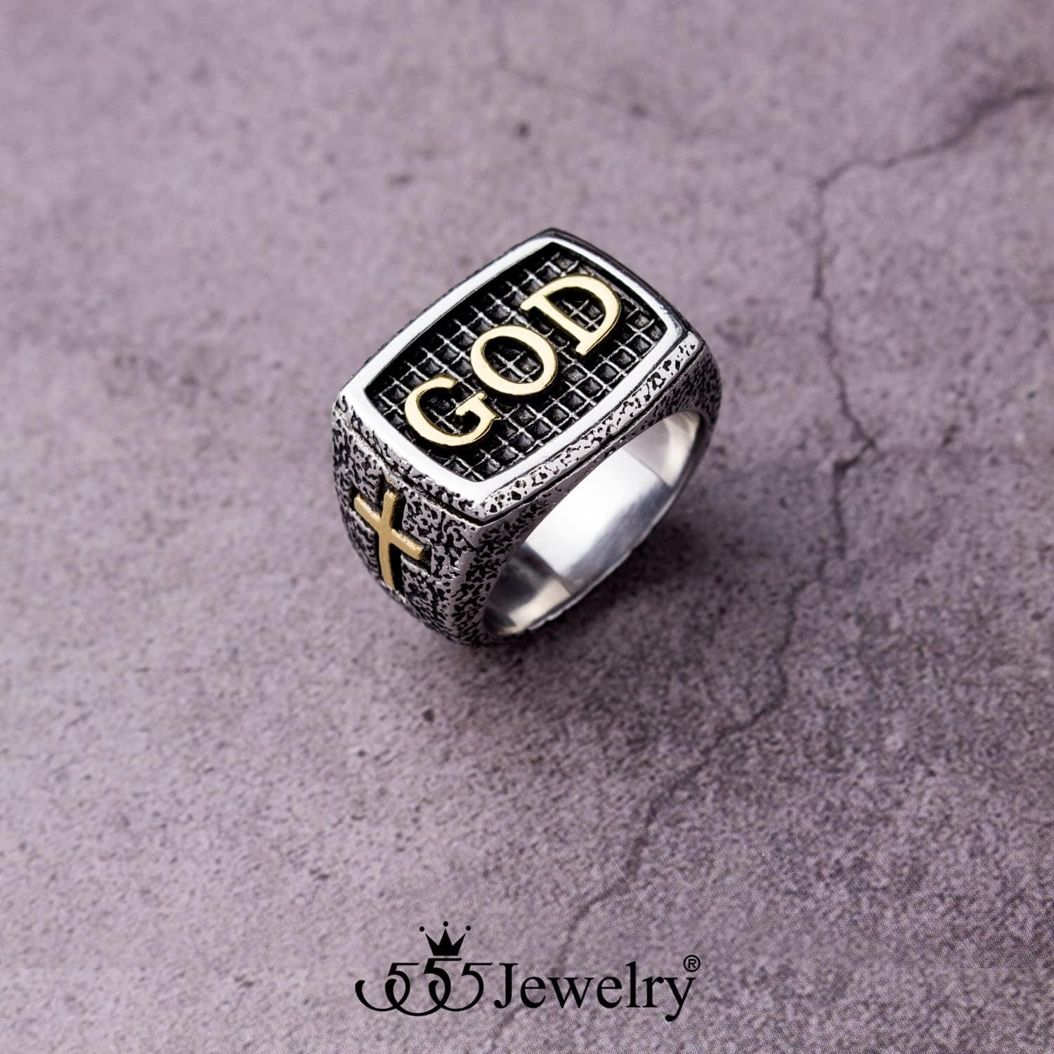 image:image555Jewelry Stainless Steel Vintage Hammered Style Cross GOD Signet Ring for MenSilver Gold