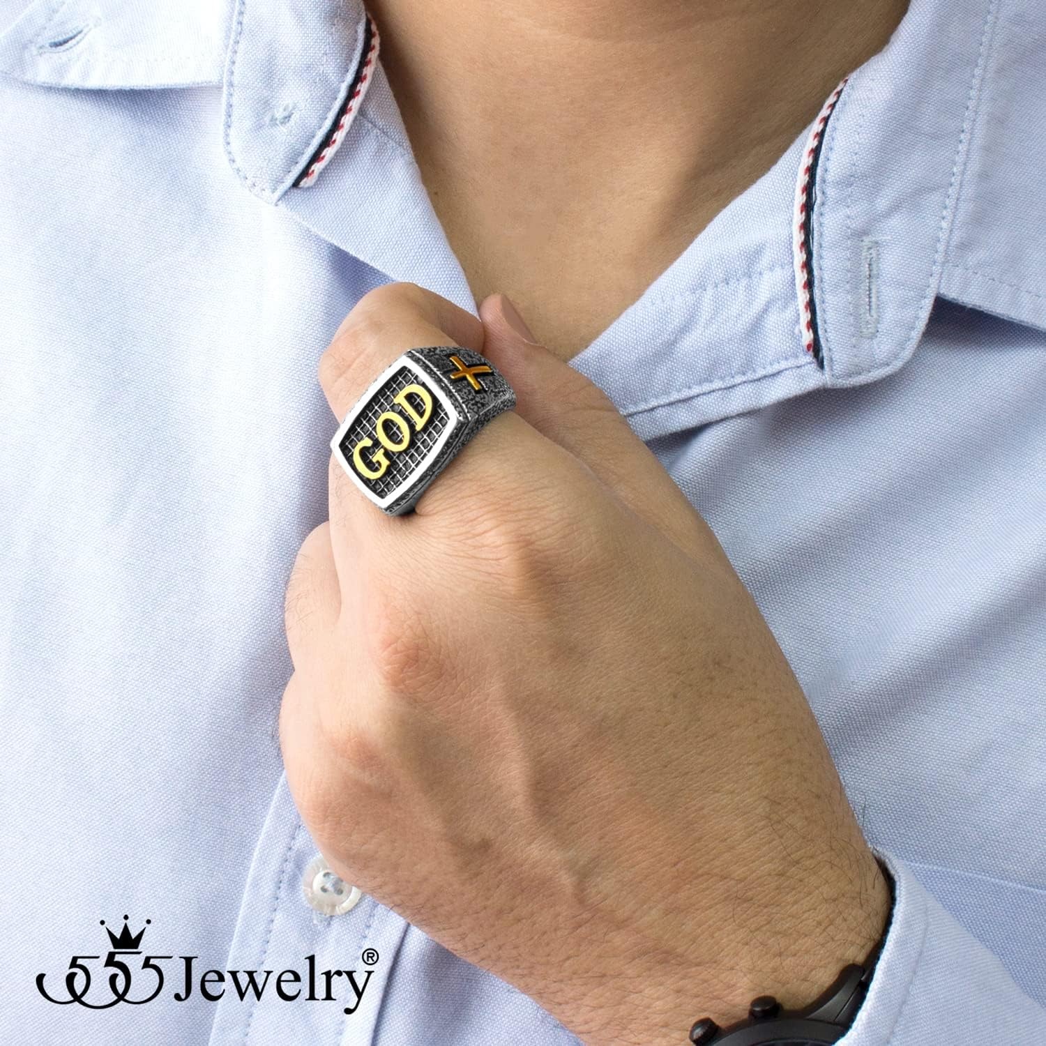 image:image555Jewelry Stainless Steel Vintage Hammered Style Cross GOD Signet Ring for MenSilver Gold