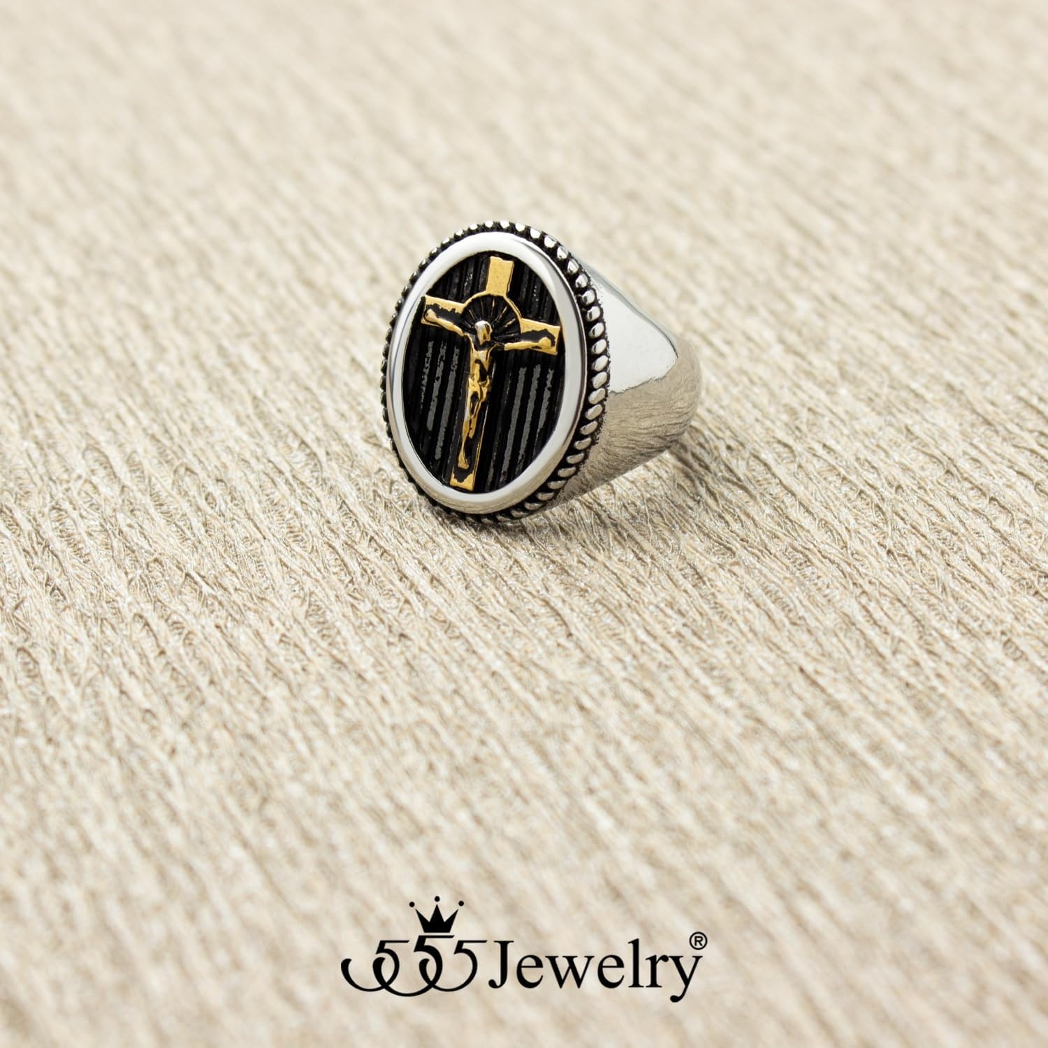 image:image555Jewelry Stainless Steel Vintage Hammered Style Cross GOD Signet Ring for MenSilver Gold Cross
