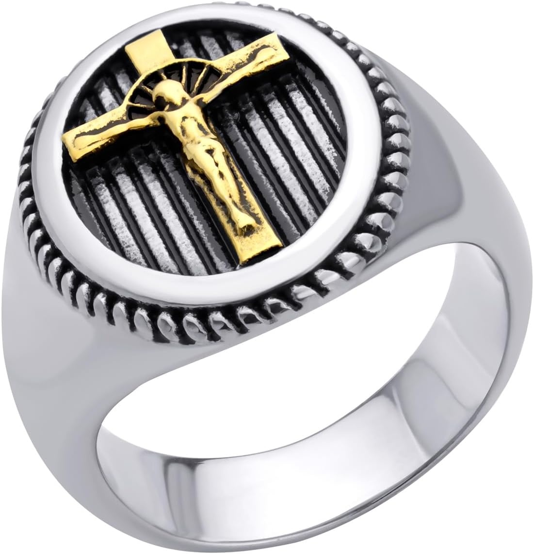 image:image555Jewelry Stainless Steel Vintage Hammered Style Cross GOD Signet Ring for MenSilver Gold Cross