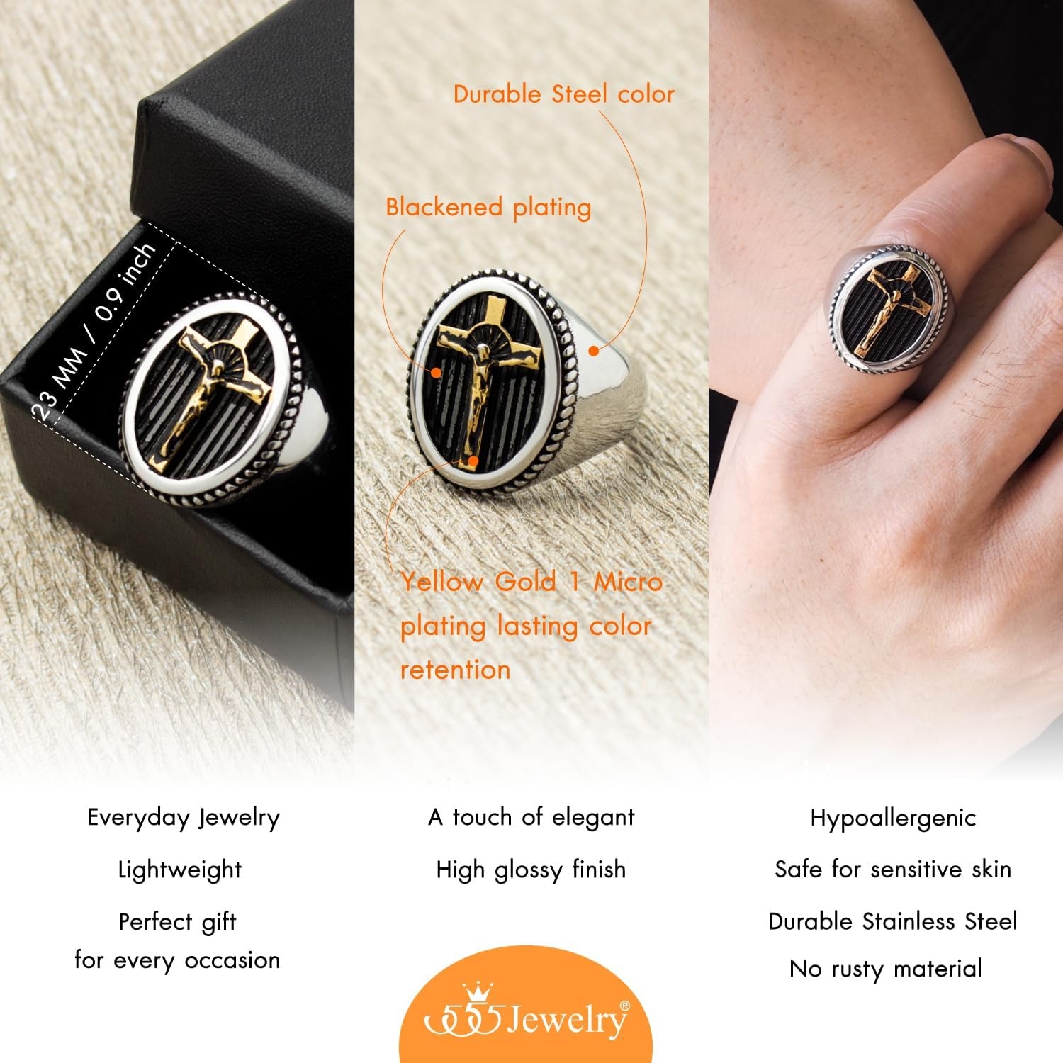 image:image555Jewelry Stainless Steel Vintage Hammered Style Cross GOD Signet Ring for MenSilver Gold Cross