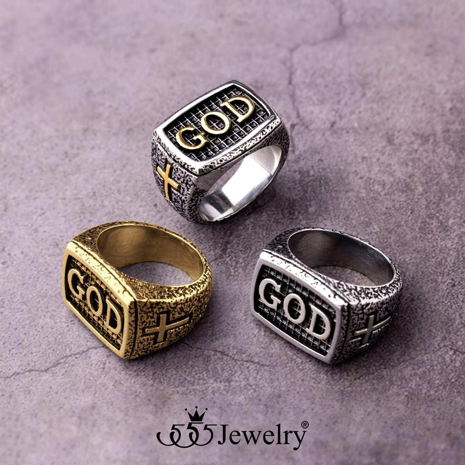 image:image555Jewelry Stainless Steel Vintage Hammered Style Cross GOD Signet Ring for MenSilver