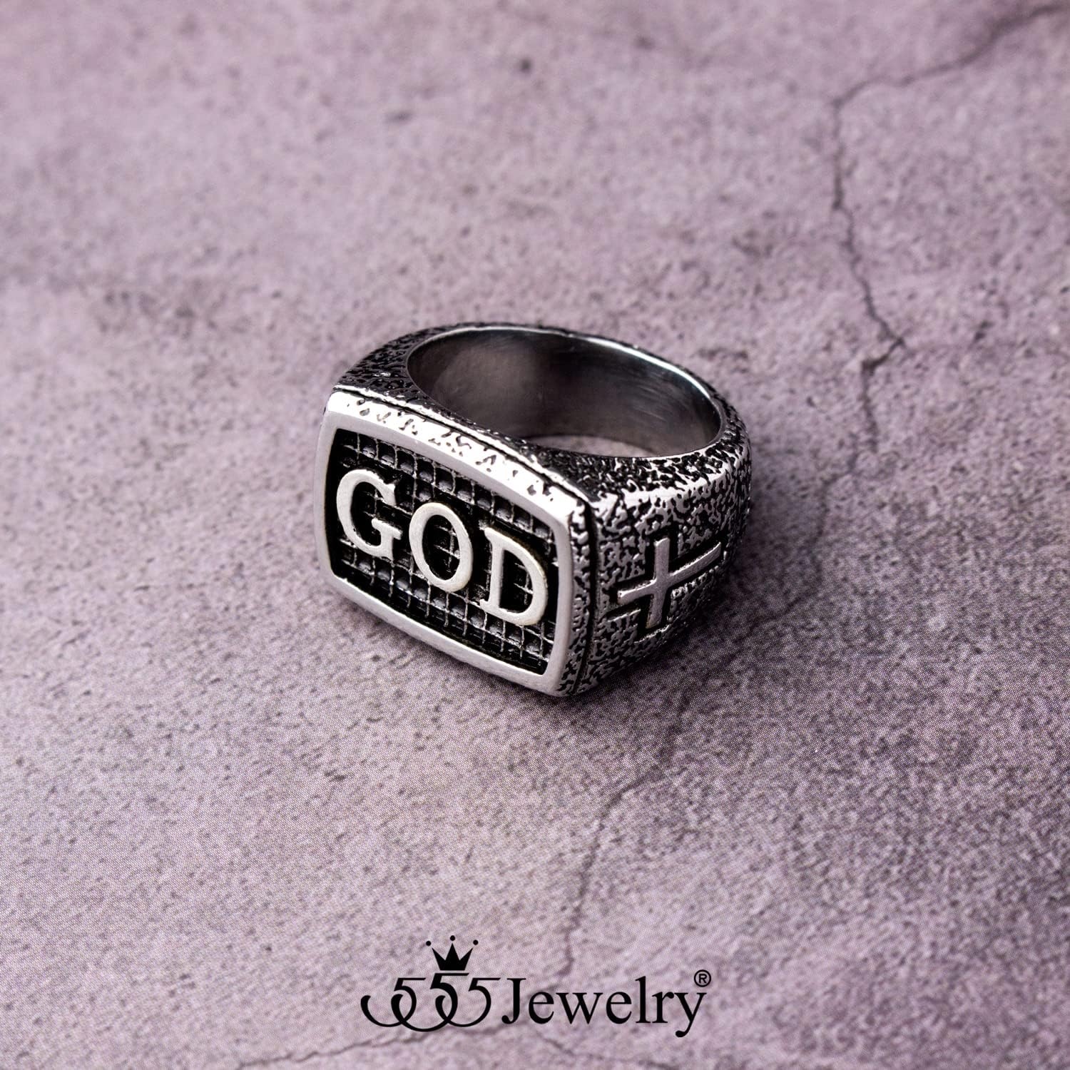 image:image555Jewelry Stainless Steel Vintage Hammered Style Cross GOD Signet Ring for MenSilver