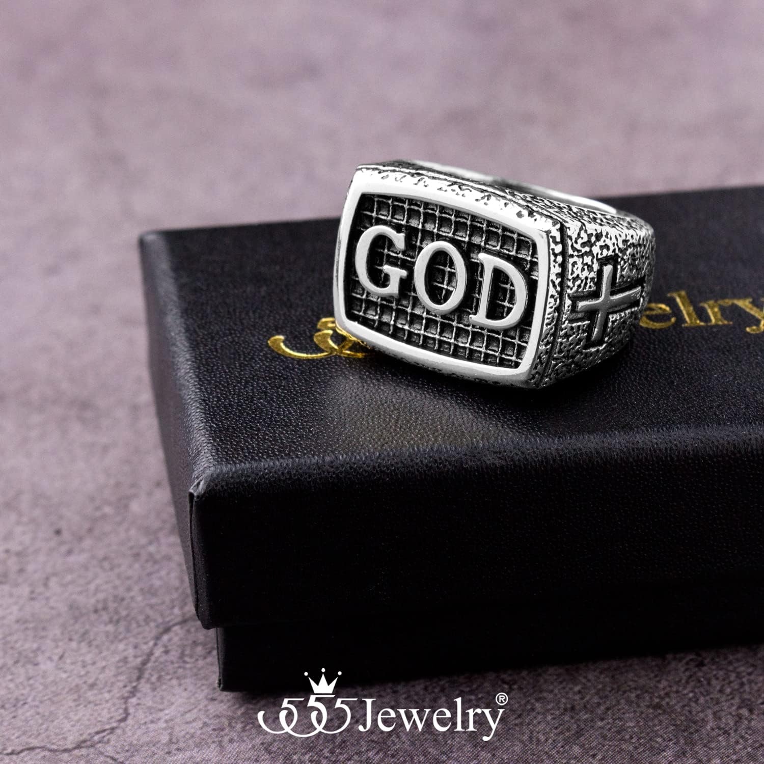 image:image555Jewelry Stainless Steel Vintage Hammered Style Cross GOD Signet Ring for MenSilver