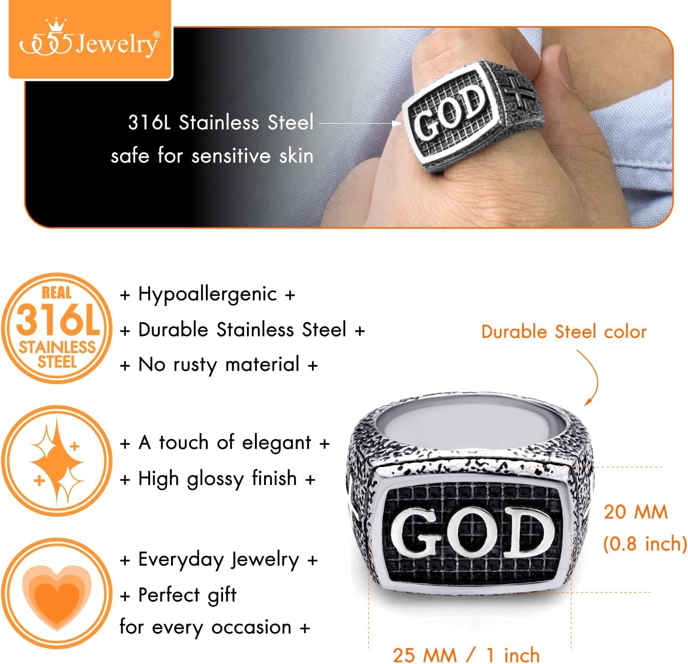image:image555Jewelry Stainless Steel Vintage Hammered Style Cross GOD Signet Ring for MenSilver