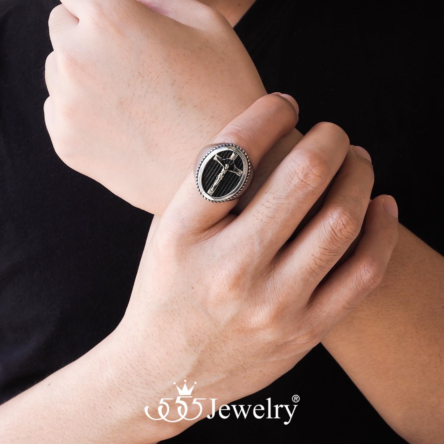image:image555Jewelry Stainless Steel Vintage Hammered Style Cross GOD Signet Ring for MenSilver Cross