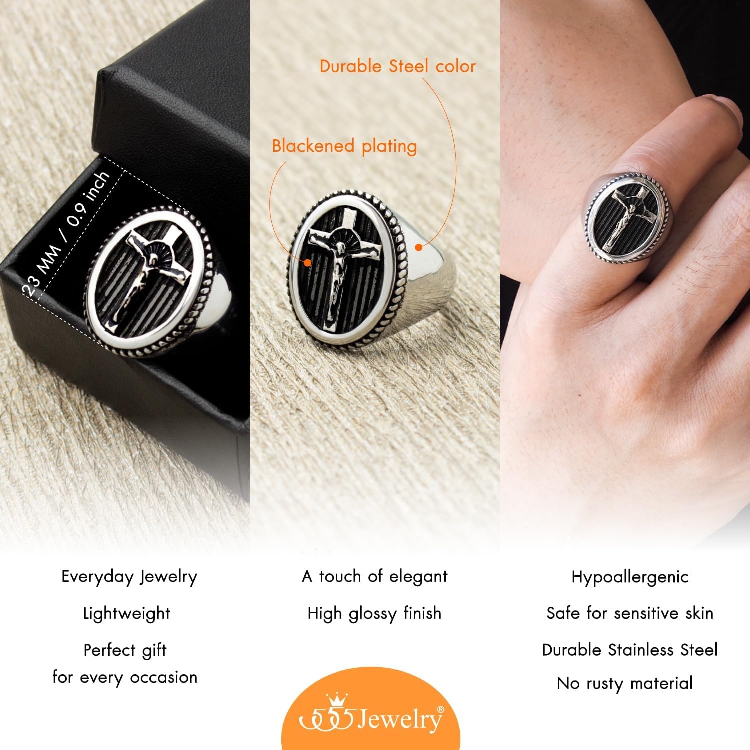 image:image555Jewelry Stainless Steel Vintage Hammered Style Cross GOD Signet Ring for MenSilver Cross