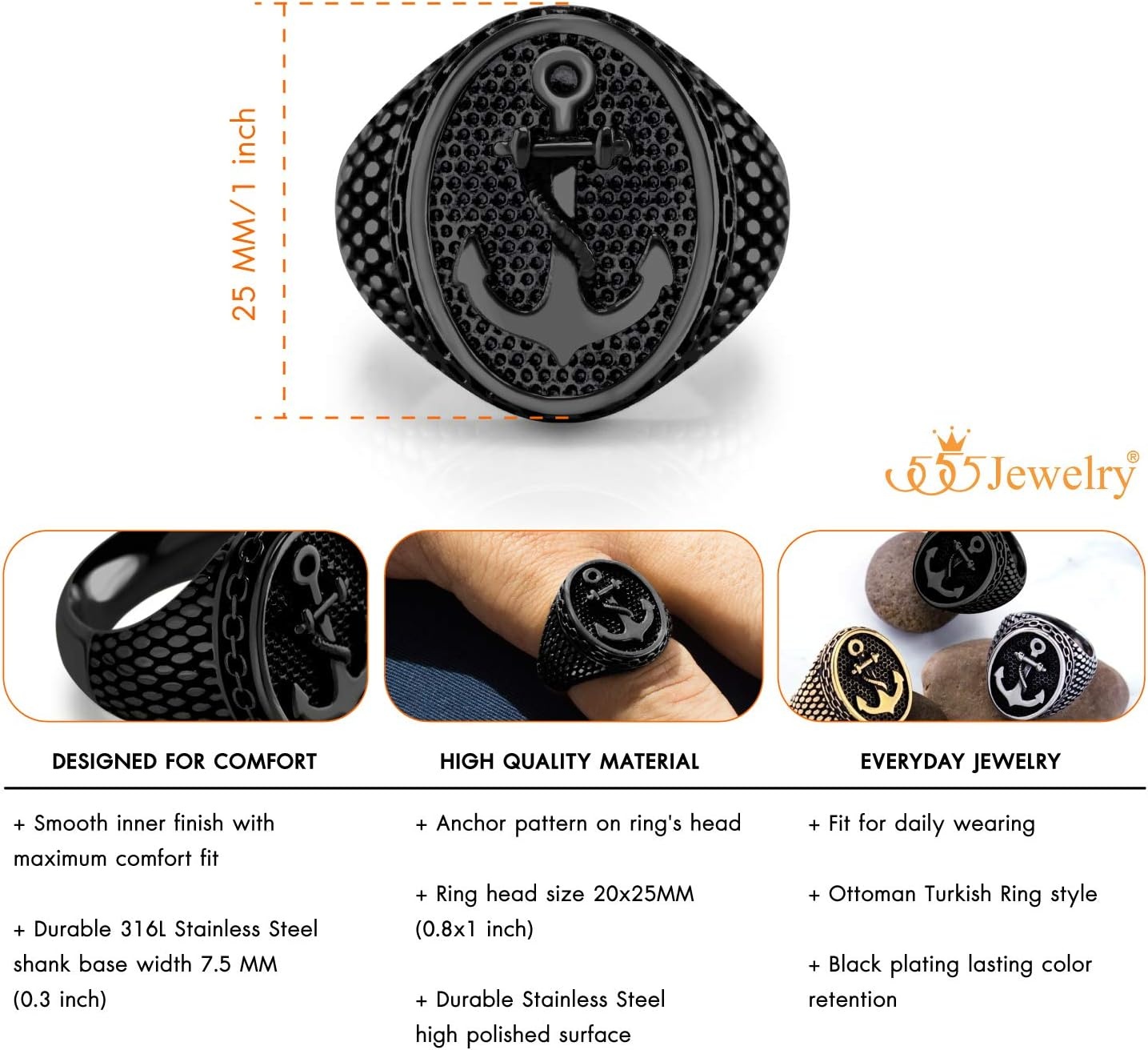 image:image555Jewelry Stainless Steel Vintage Signet Nautical Pirate Sailor Anchor Ring for MenBlack