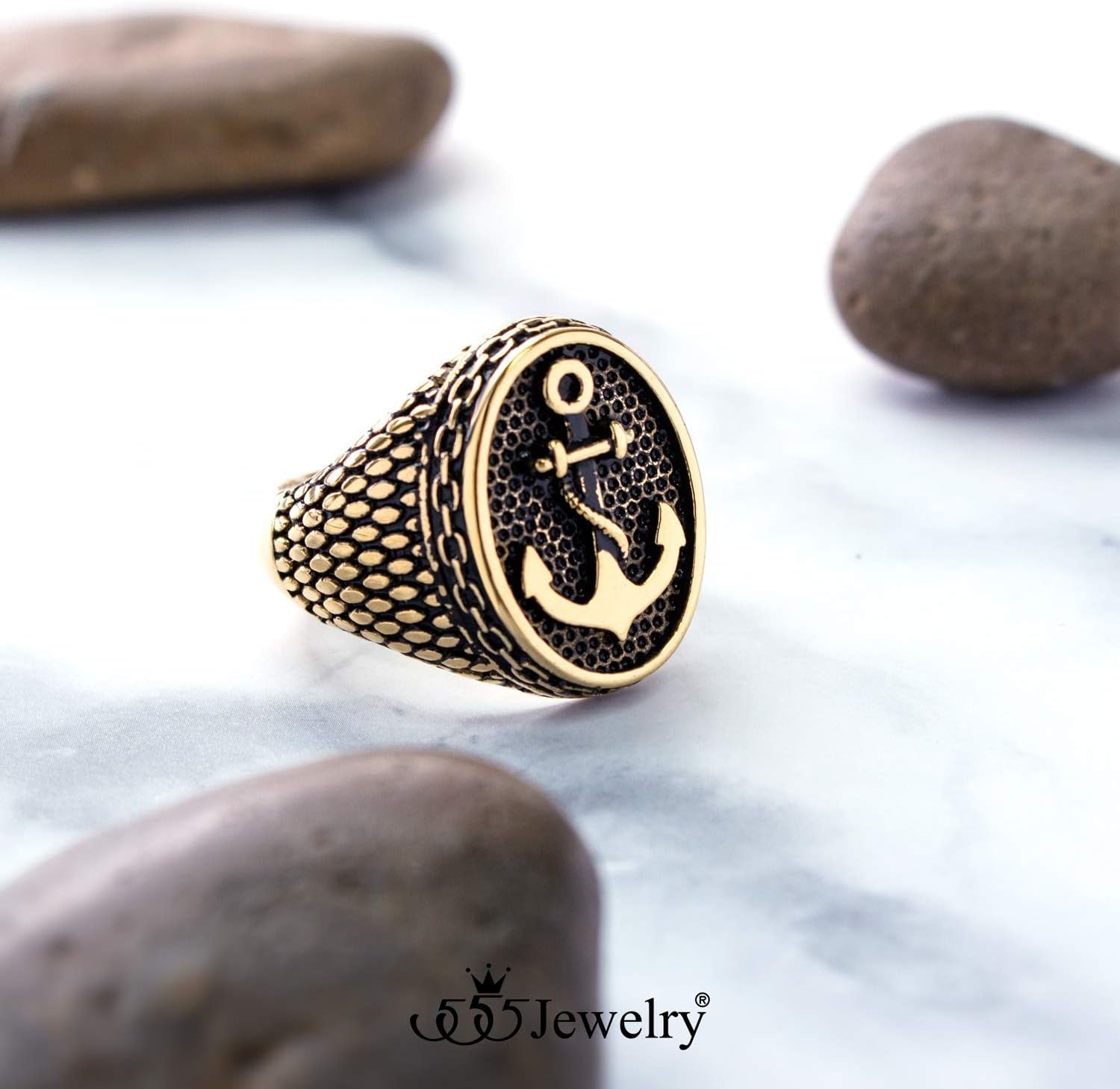 image:image555Jewelry Stainless Steel Vintage Signet Nautical Pirate Sailor Anchor Ring for MenGold
