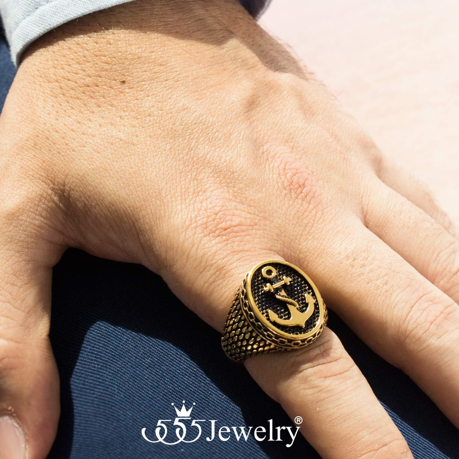 image:image555Jewelry Stainless Steel Vintage Signet Nautical Pirate Sailor Anchor Ring for MenGold