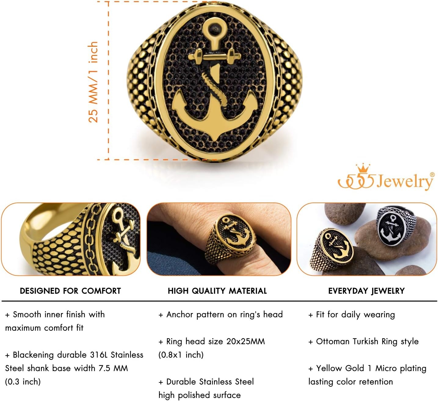 image:image555Jewelry Stainless Steel Vintage Signet Nautical Pirate Sailor Anchor Ring for MenGold