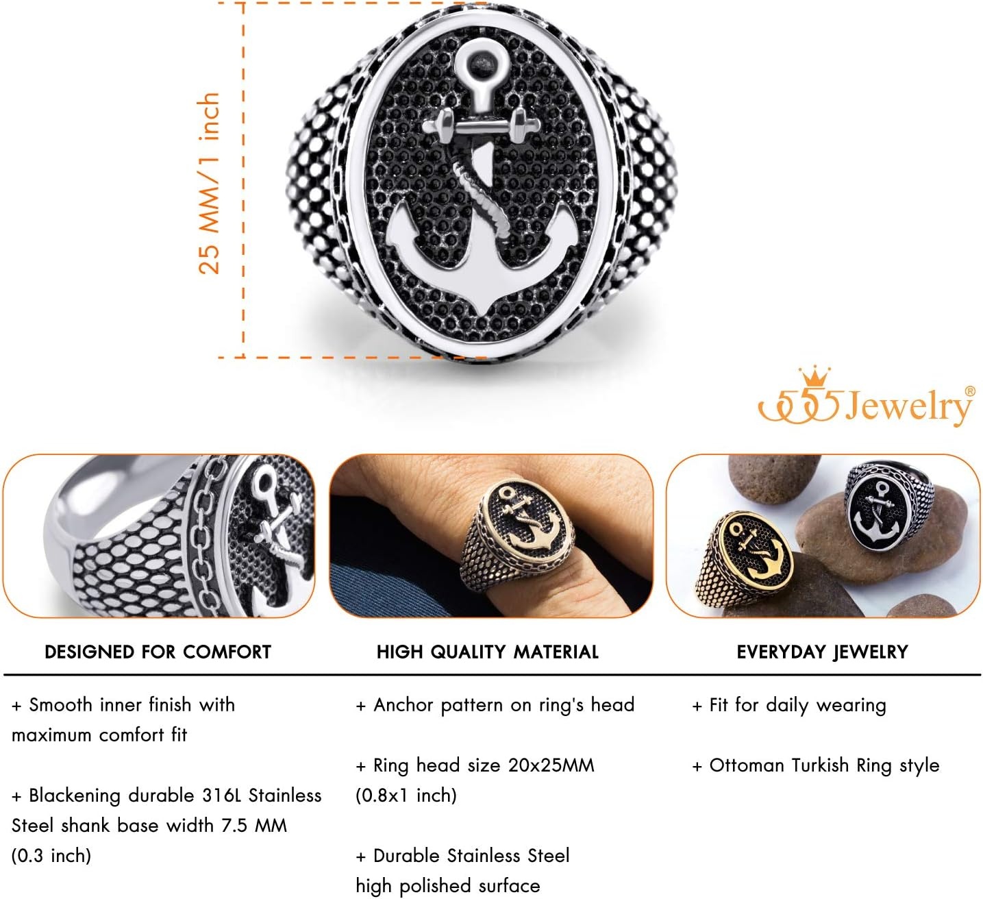 image:image555Jewelry Stainless Steel Vintage Signet Nautical Pirate Sailor Anchor Ring for MenSilver
