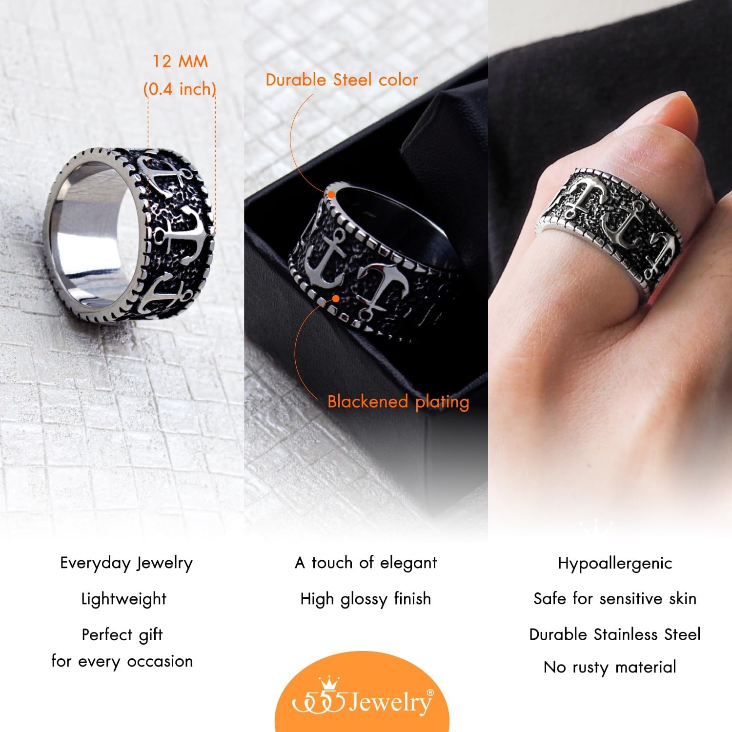 image:image555Jewelry Stainless Steel Vintage Signet Nautical Pirate Sailor Anchor Ring for MenSilver Style 2