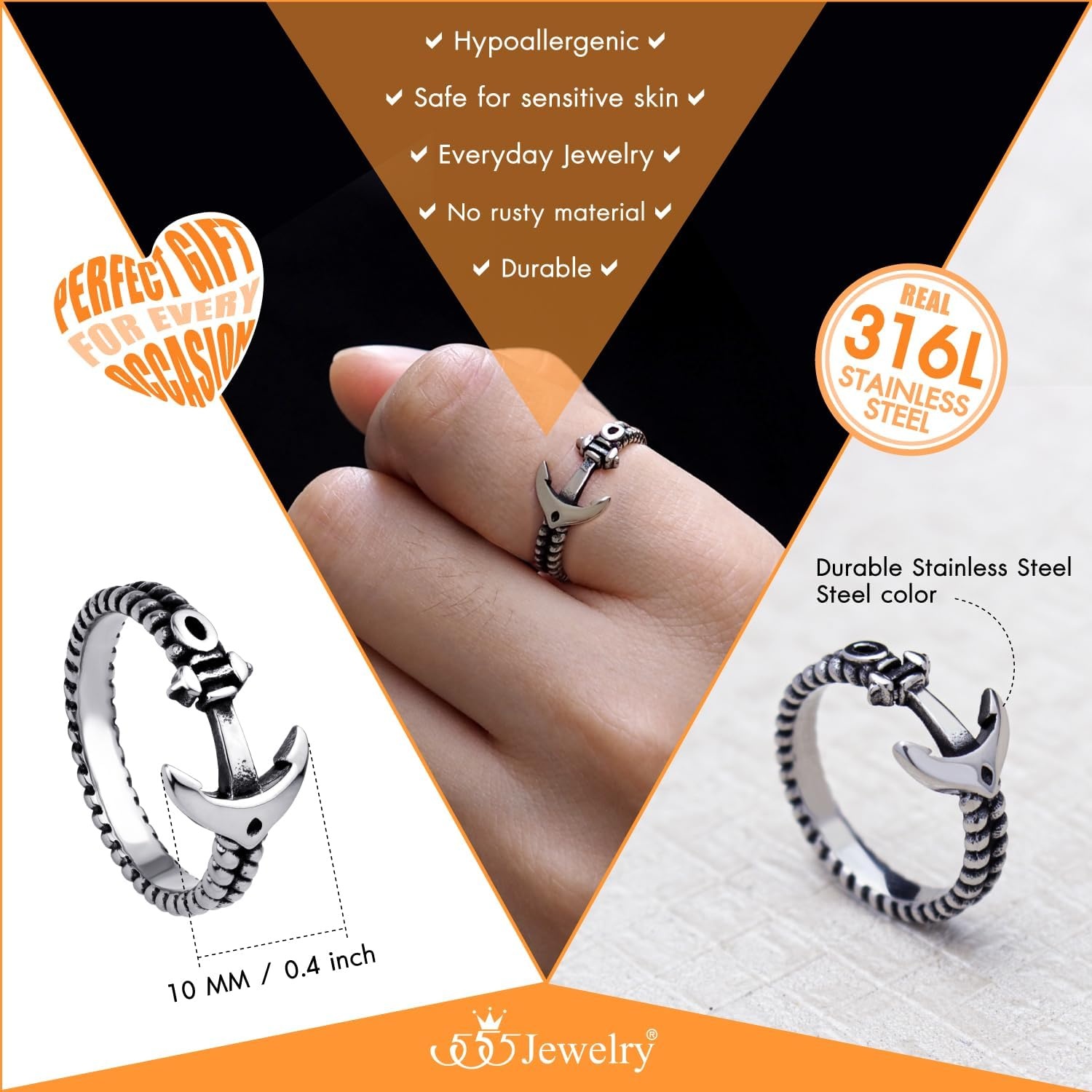 image:image555Jewelry Stainless Steel Vintage Signet Nautical Pirate Sailor Anchor Ring for MenSilver Style 3