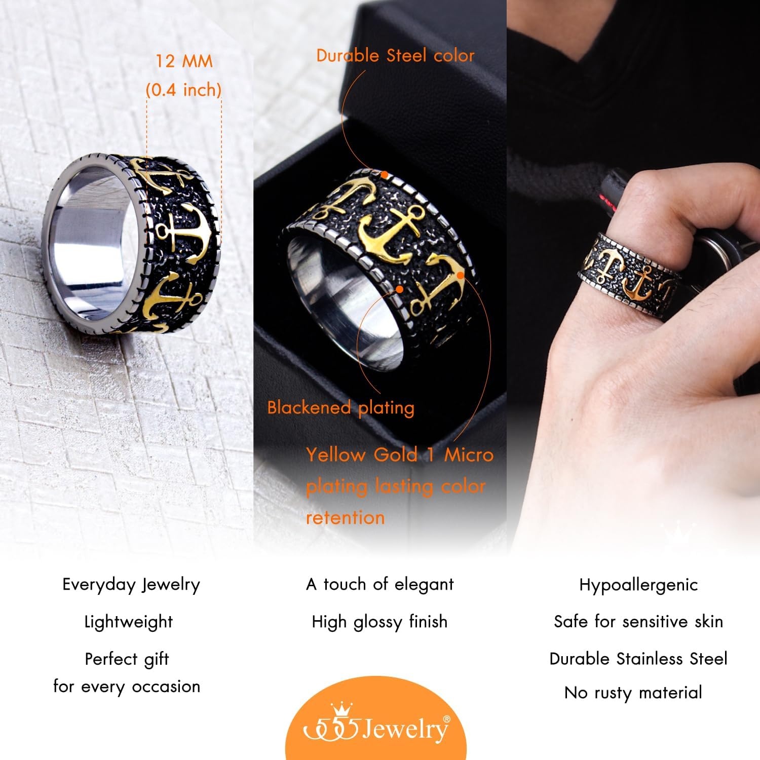 image:image555Jewelry Stainless Steel Vintage Signet Nautical Pirate Sailor Anchor Ring for MenSilverGold