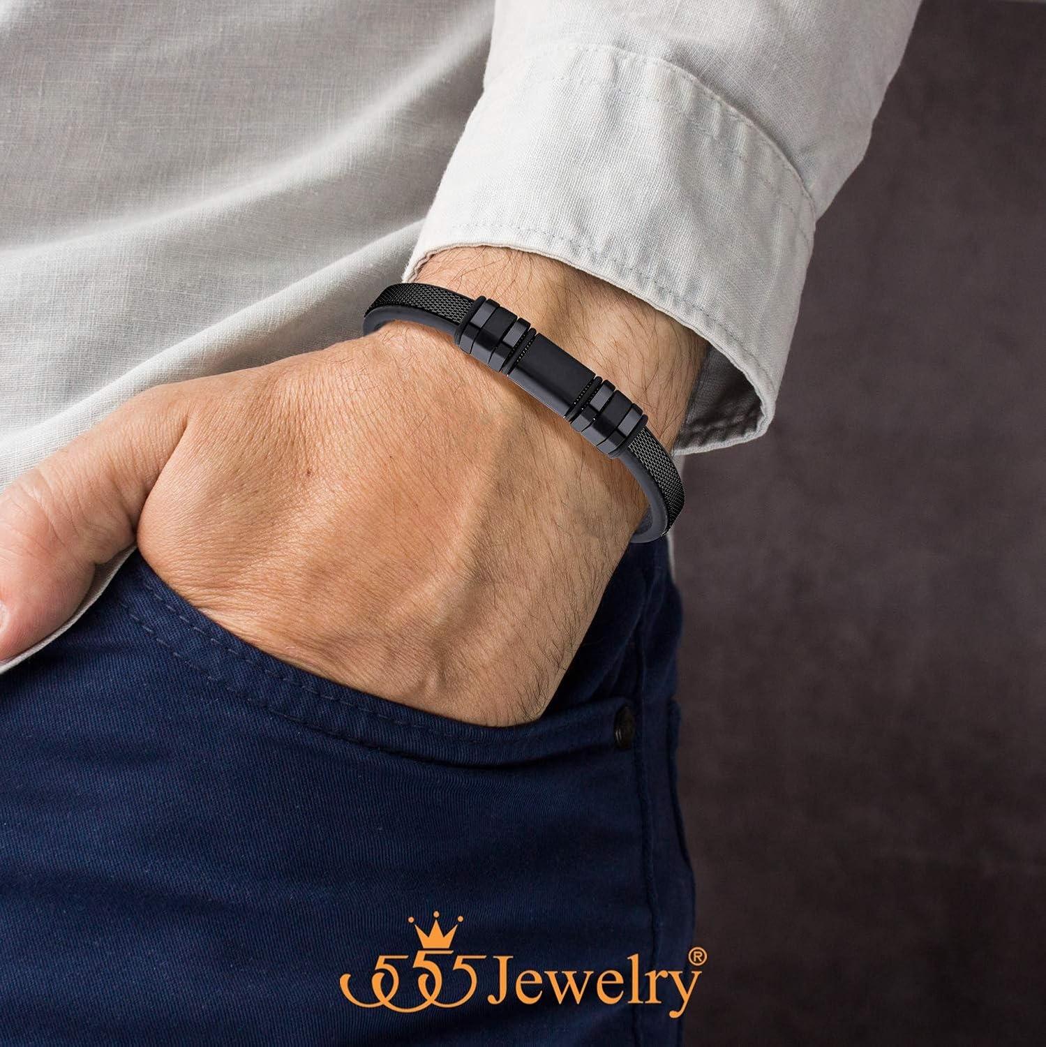 image:image555Jewelry Stainless Steel amp Genuine Black Leather Wrist Bracelet for MenBlack