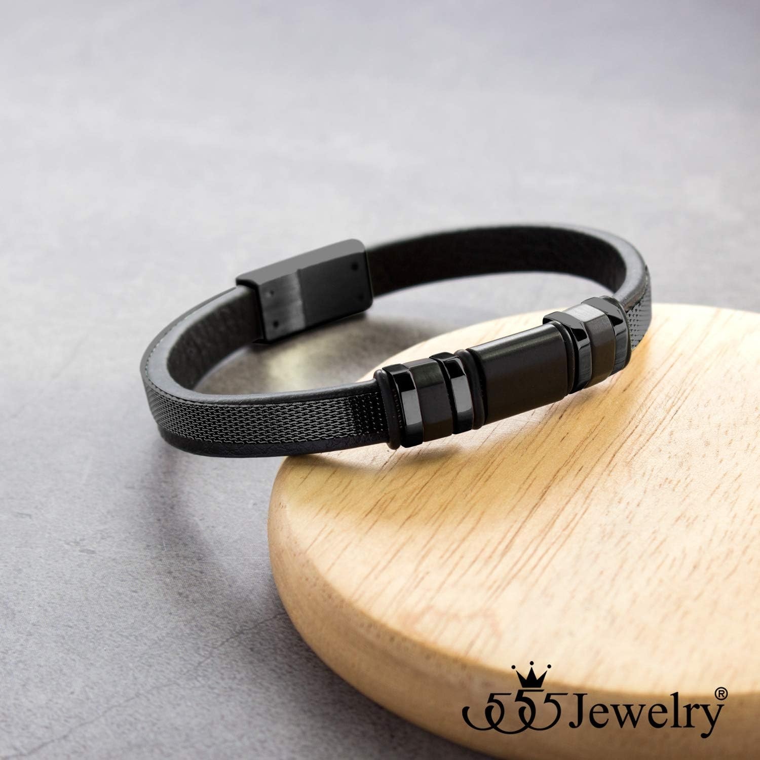 image:image555Jewelry Stainless Steel amp Genuine Black Leather Wrist Bracelet for MenBlack