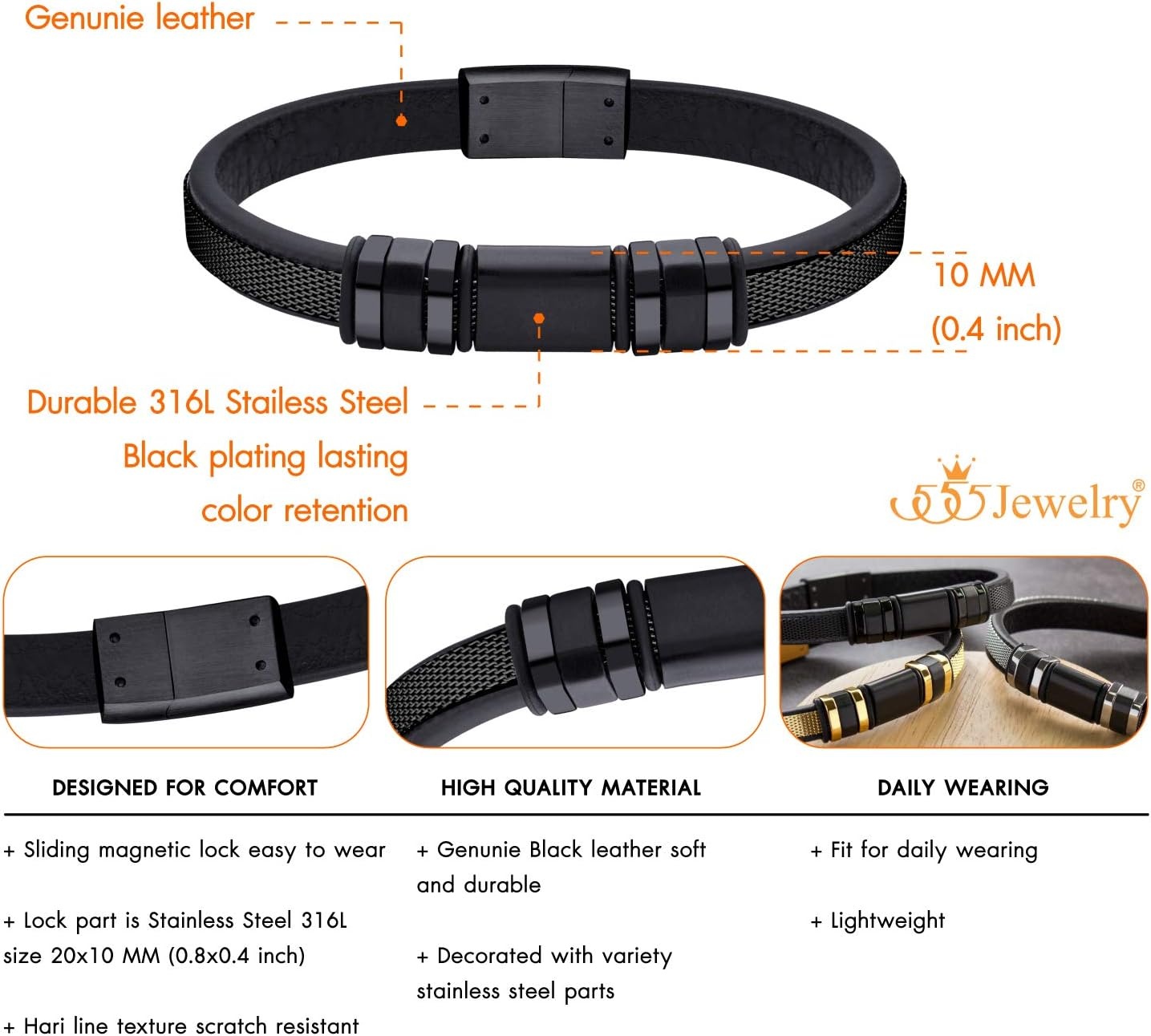 image:image555Jewelry Stainless Steel amp Genuine Black Leather Wrist Bracelet for MenBlack