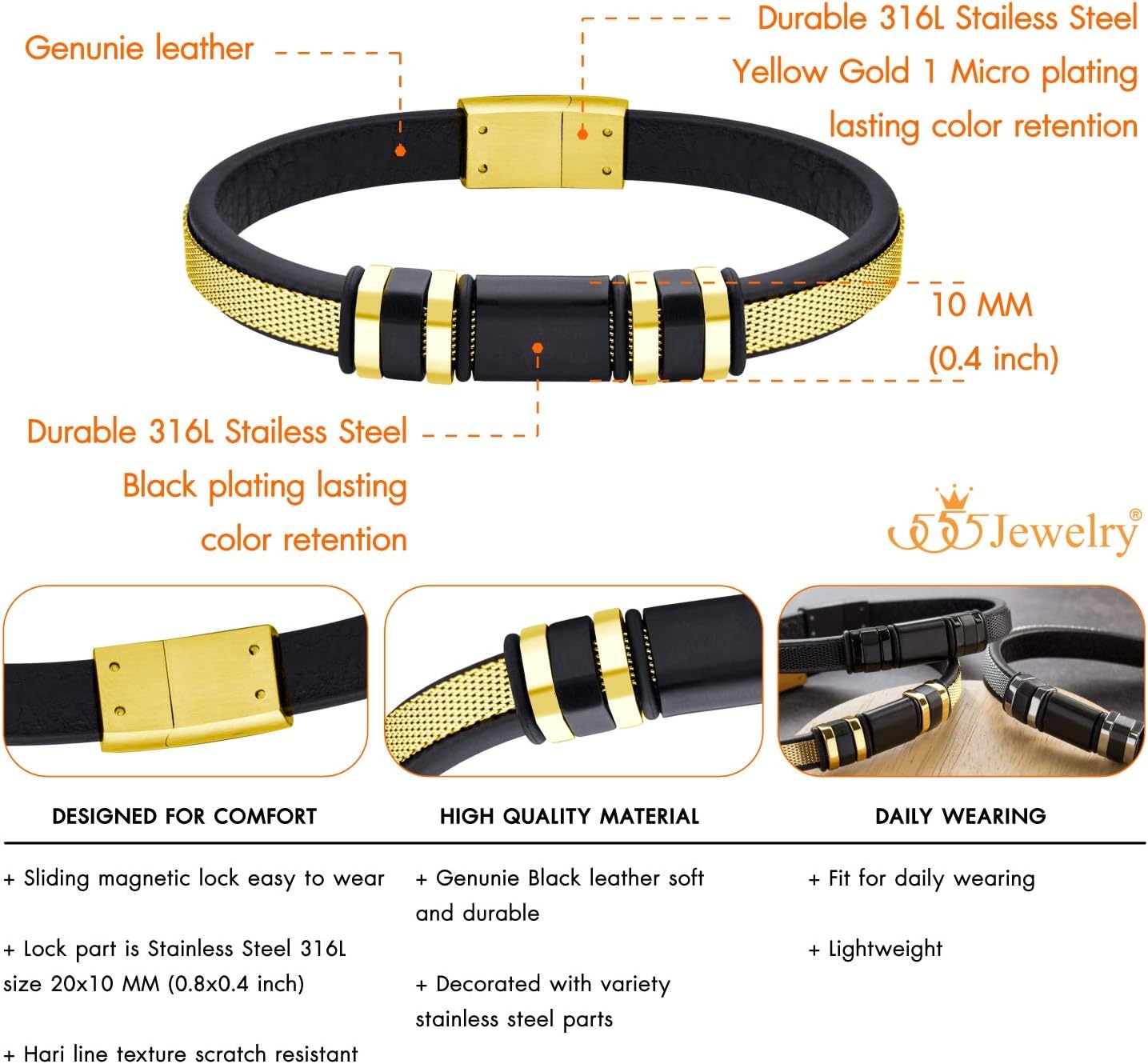 image:image555Jewelry Stainless Steel amp Genuine Black Leather Wrist Bracelet for MenGold